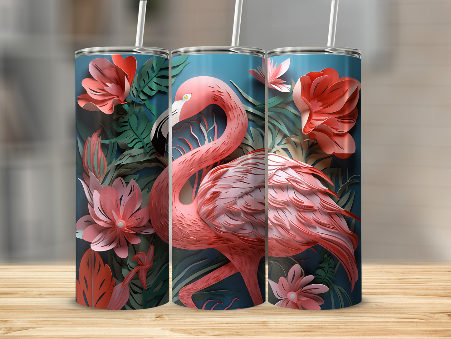 Pink flamingo with tropical leaves and flowers on three tumblers.
