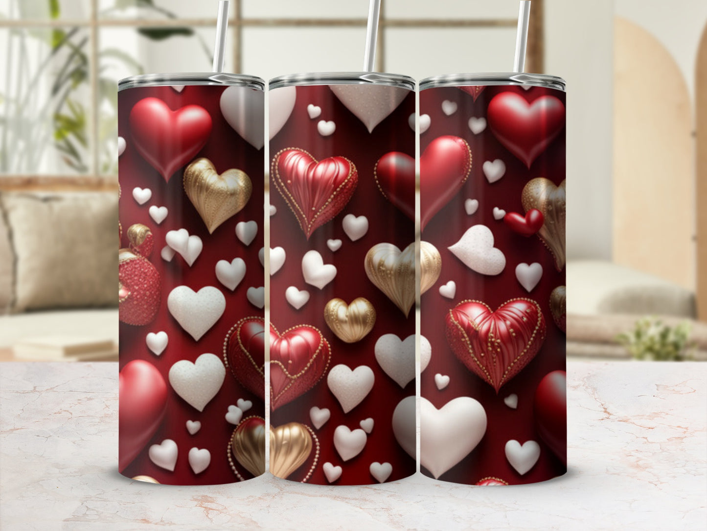 Three red tumblers with a pattern of hearts in red, gold, and white.