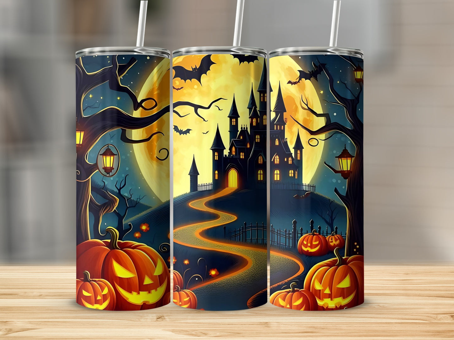 Spooky Halloween Castle Scene Tumbler with Jack-o'-lanterns