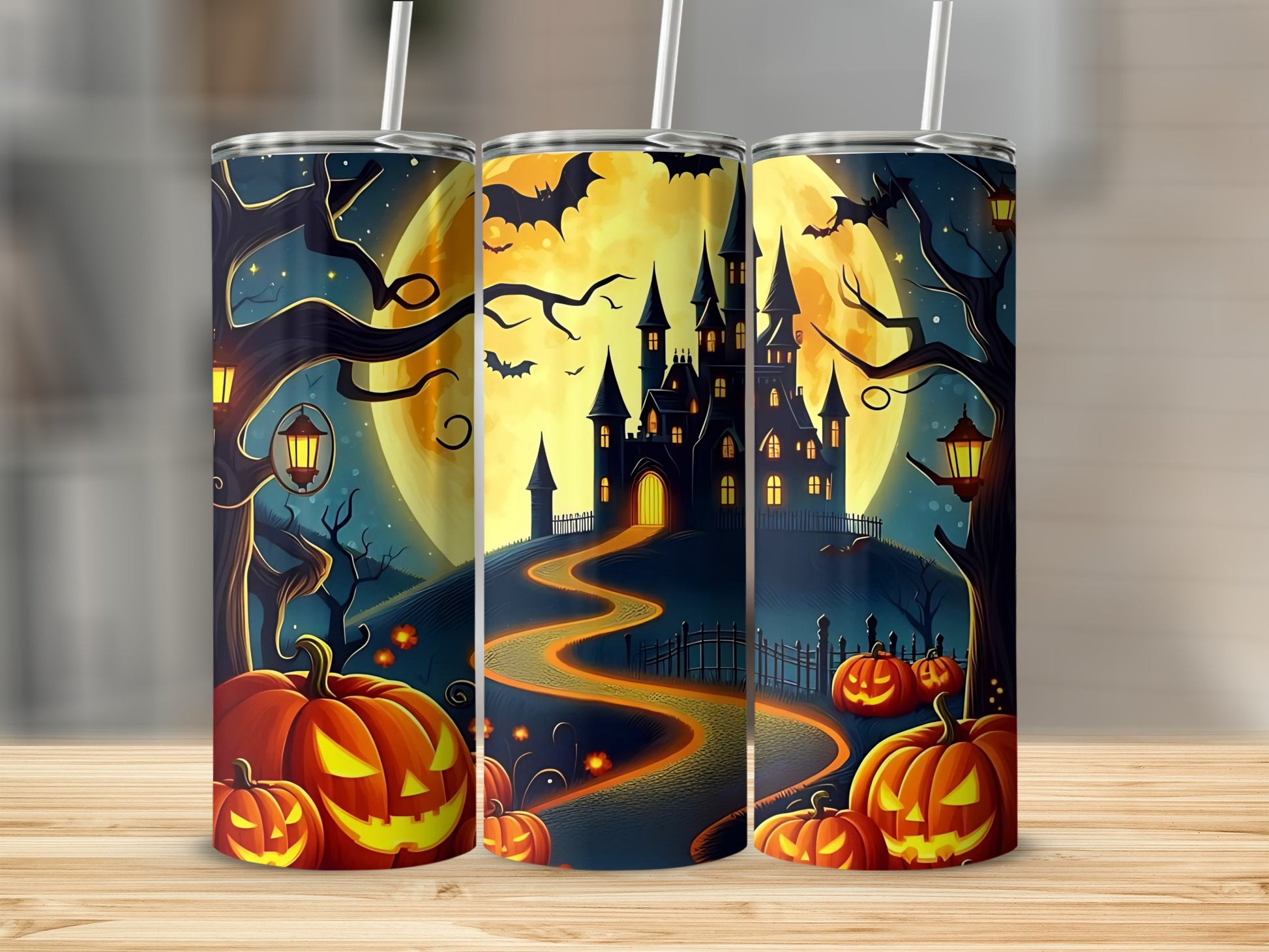 Spooky Halloween Castle Scene Tumbler with Jack-o'-lanterns