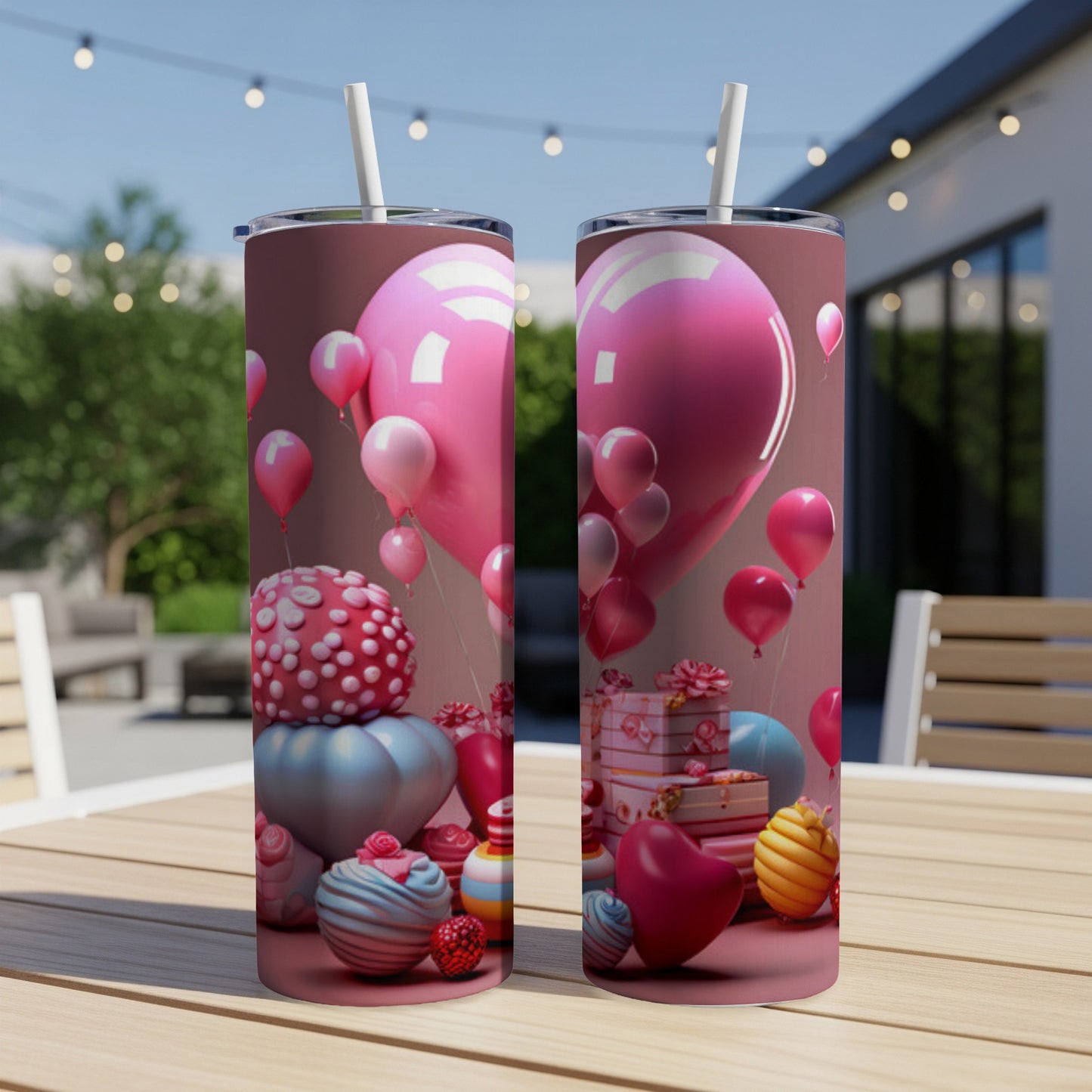 Pink balloons and gifts adorn two tumblers on an outdoor table.