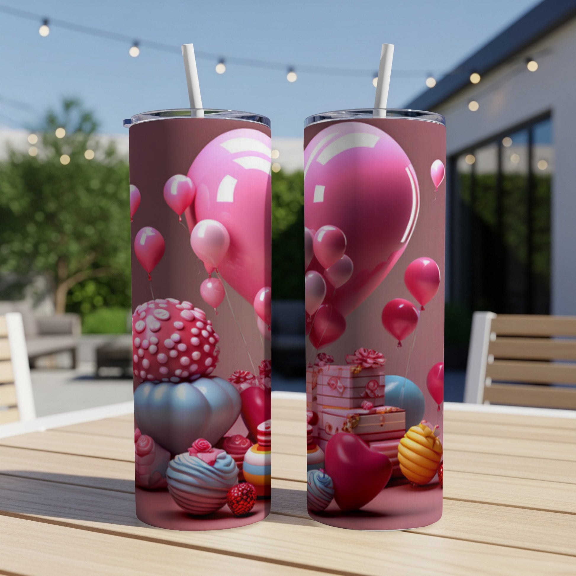 Pink balloons and gifts adorn two tumblers on an outdoor table.