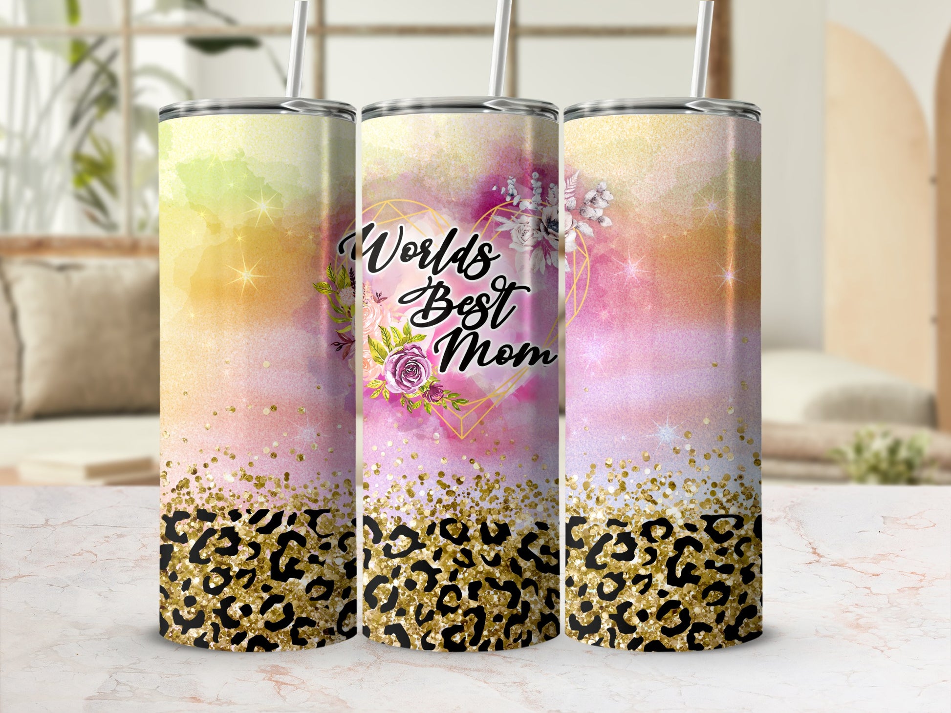 Tumbler with "World's Best Mom" text, floral accents, and leopard print.