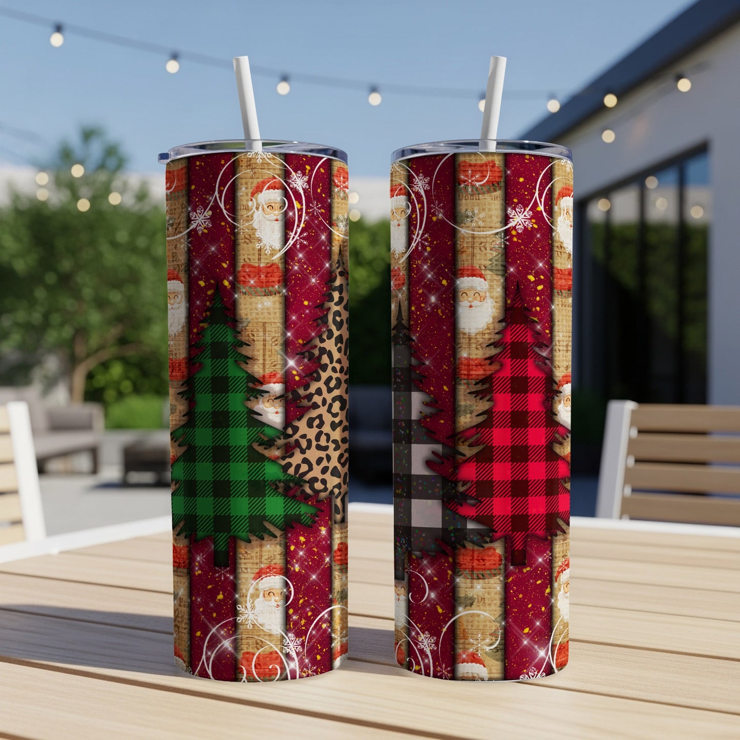 Two insulated tumblers with festive Christmas designs.