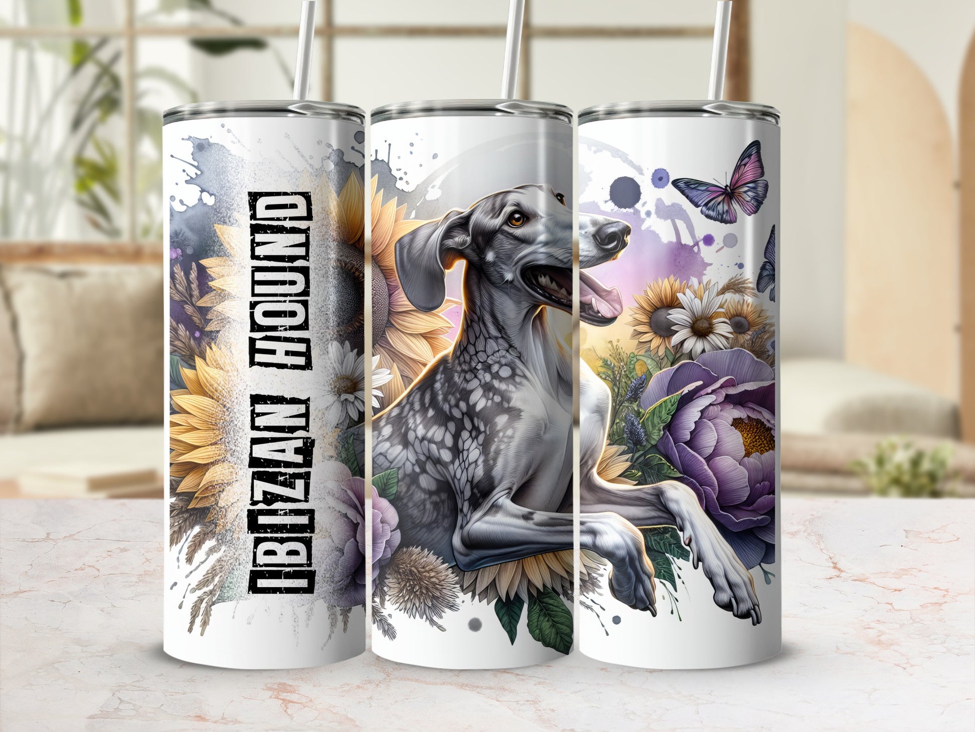 Ibiza Hound artwork on three white tumblers with floral and butterfly accents.