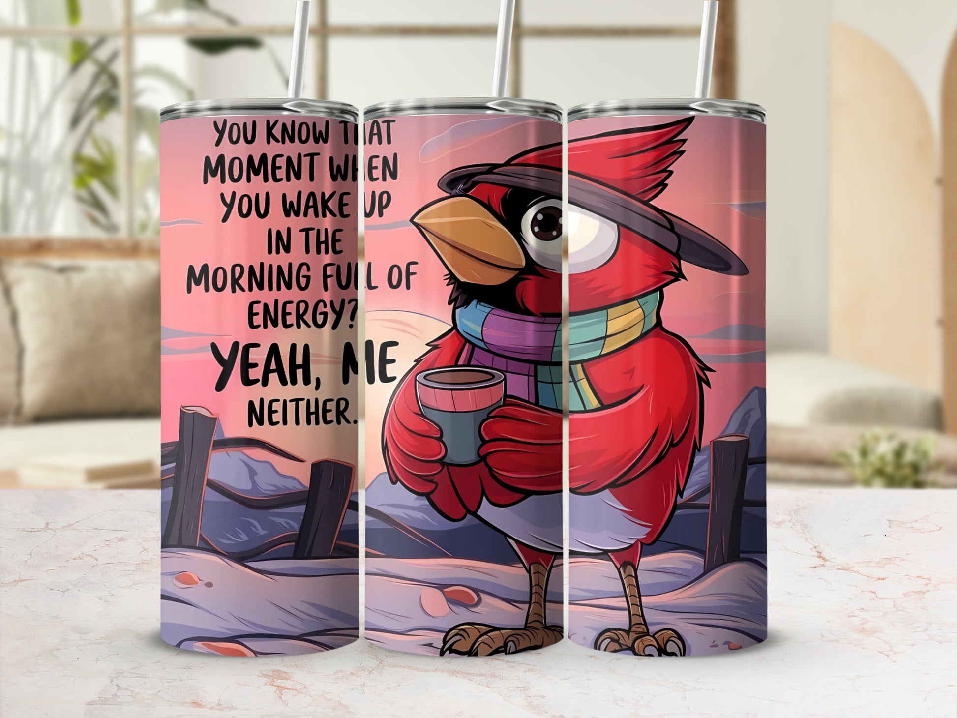 Funny Bird Morning Energy Travel Mug with Scenic Design