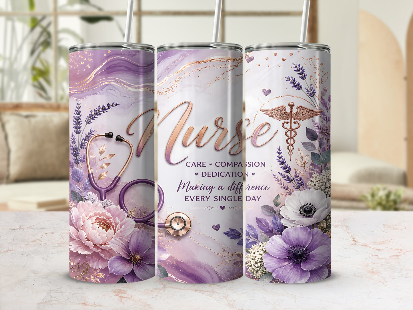Purple and gold Nurse tumbler with stethoscope, flowers, and motivational text.