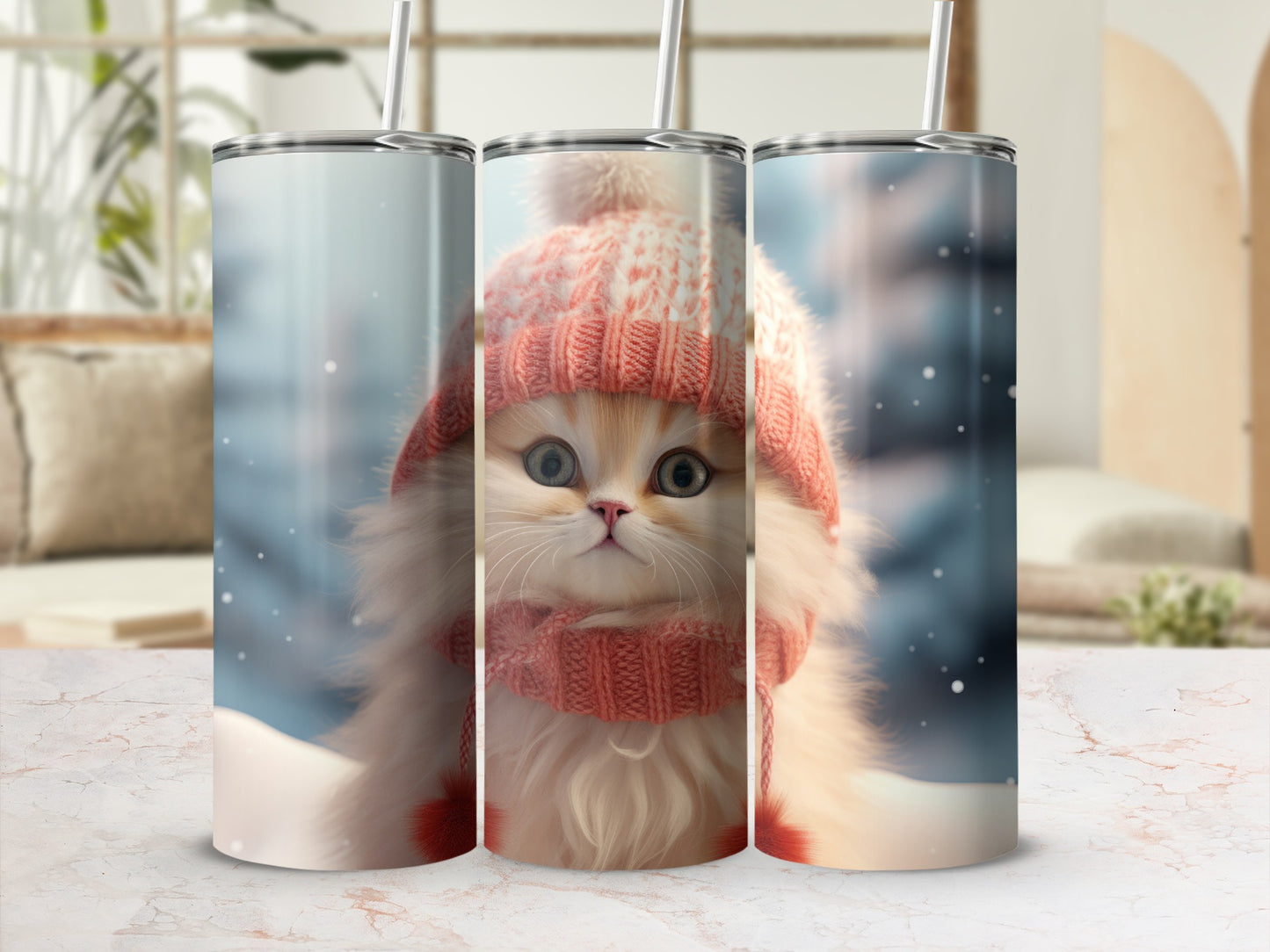 Fluffy kitten in winter hat and scarf, featured on three tumblers.