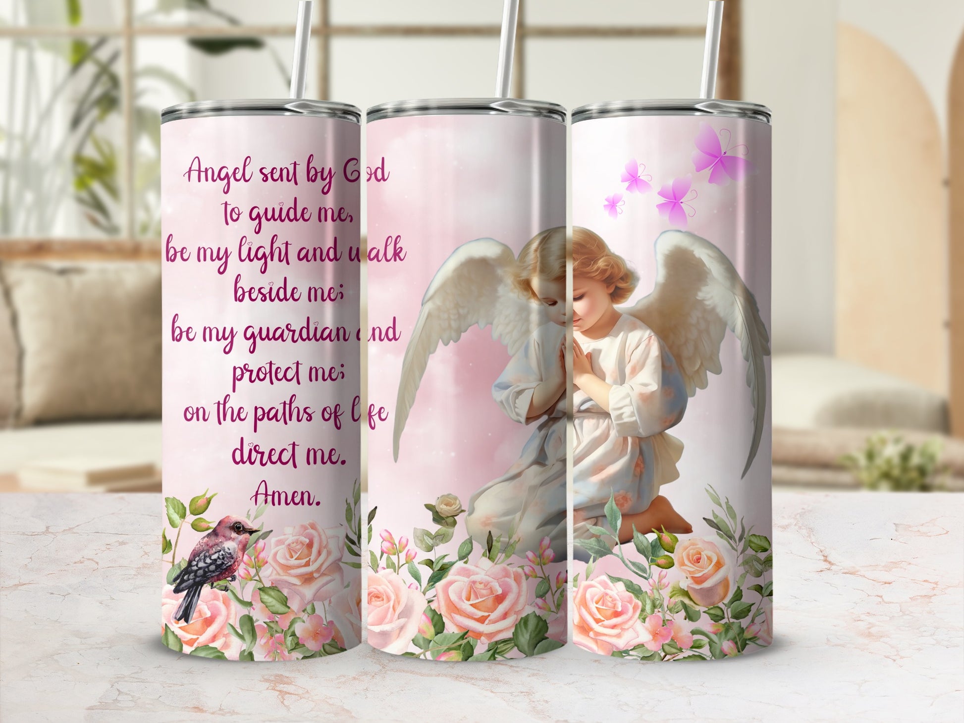 Angel with Roses and Prayer Text Tumbler Cup