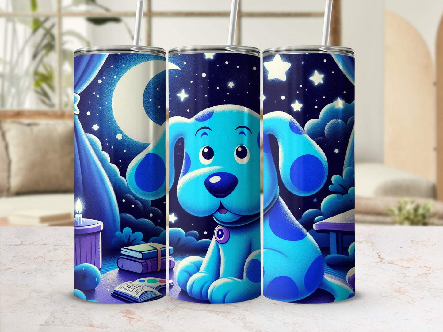 Adorable Blue Dog Night Sky Themed Tumbler