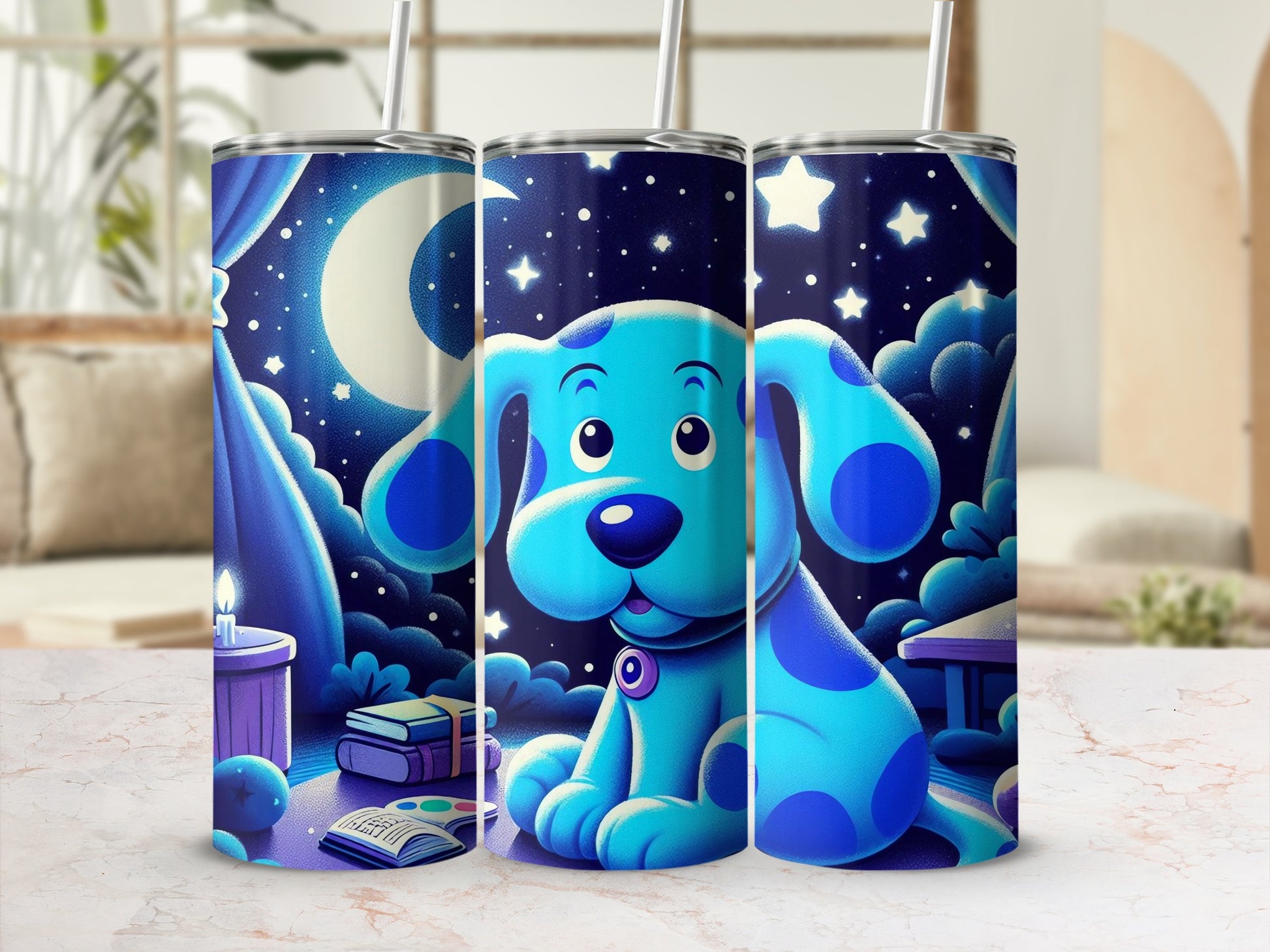 Adorable Blue Dog Night Sky Themed Tumbler