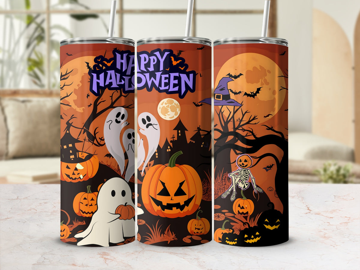 Halloween tumblers with ghosts, pumpkins, skeleton, and "Happy Halloween" text.
