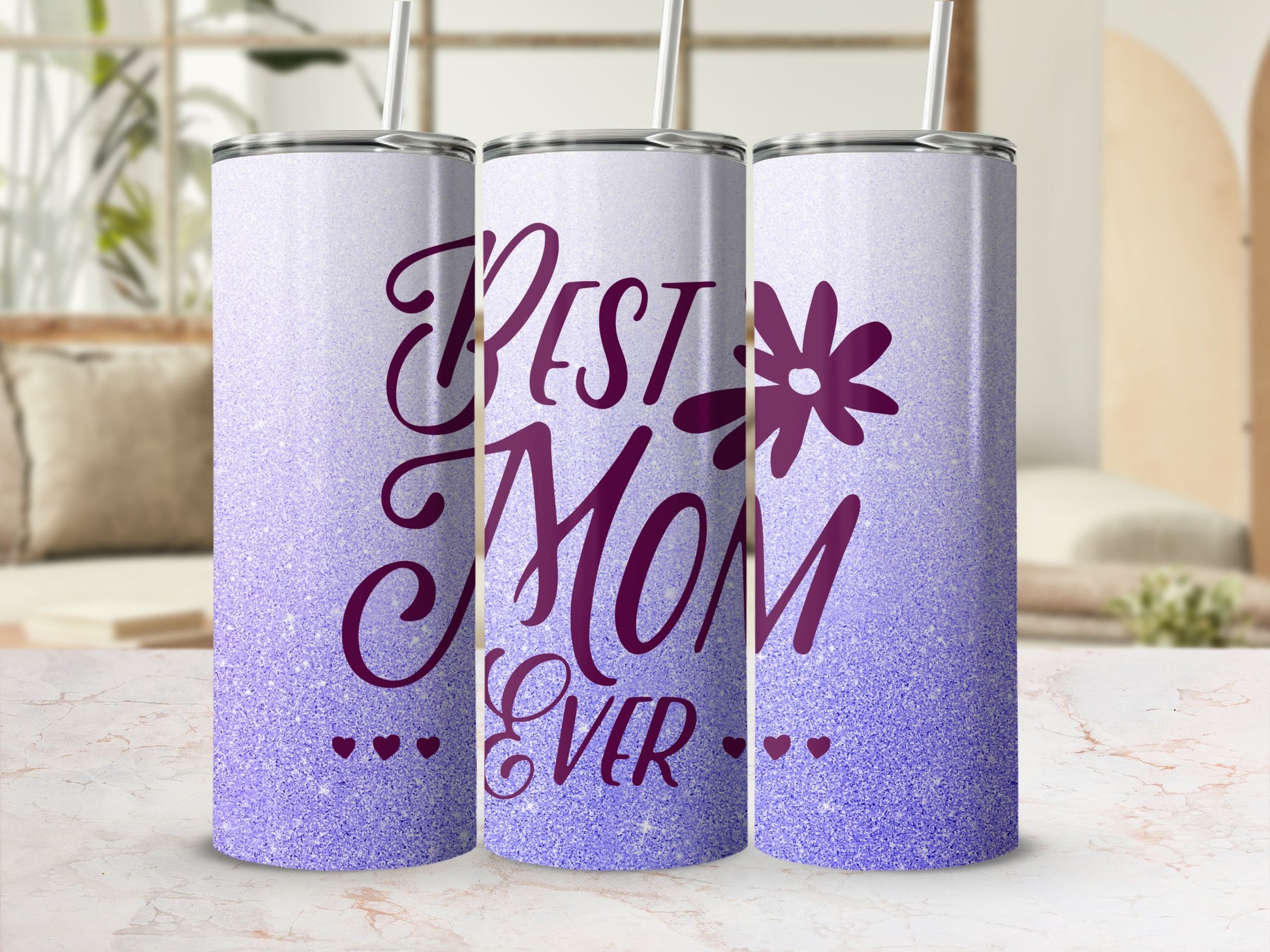 Purple glitter tumbler with "Best Mom Ever" text and heart accents.
