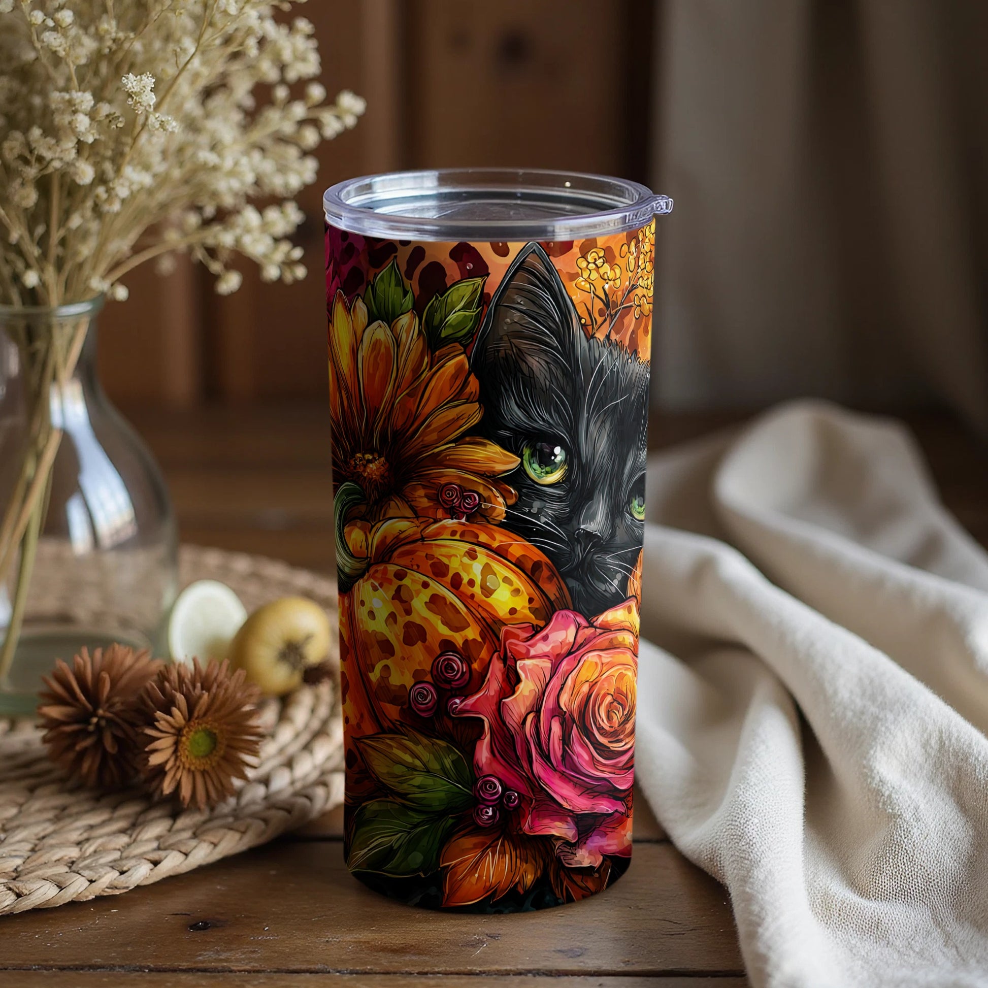 Colorful Floral Cat Design on Tumbler