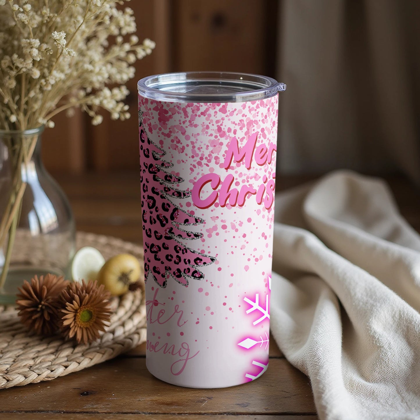 Merry Christmas Tumbler with Pink Leopard Print