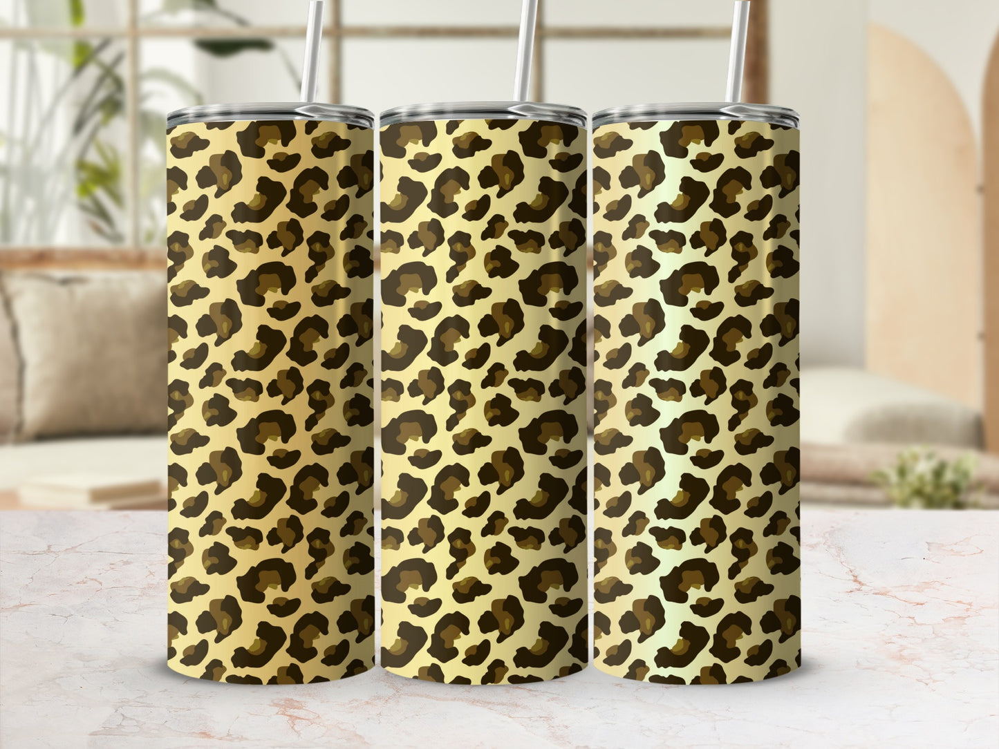 Leopard Print Stainless Steel Tumbler with Straw