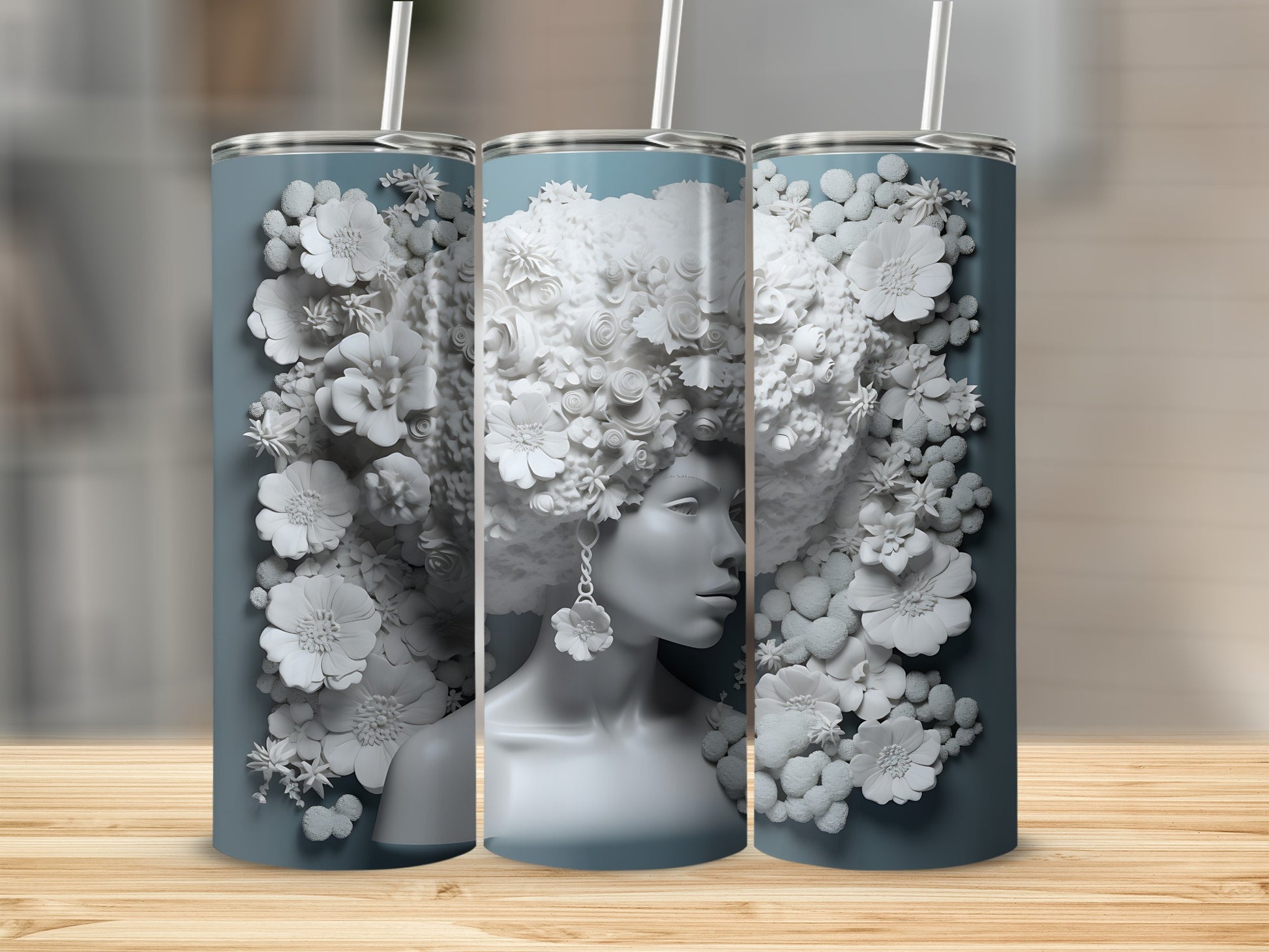 Woman with elaborate floral hairstyle on teal tumblers.