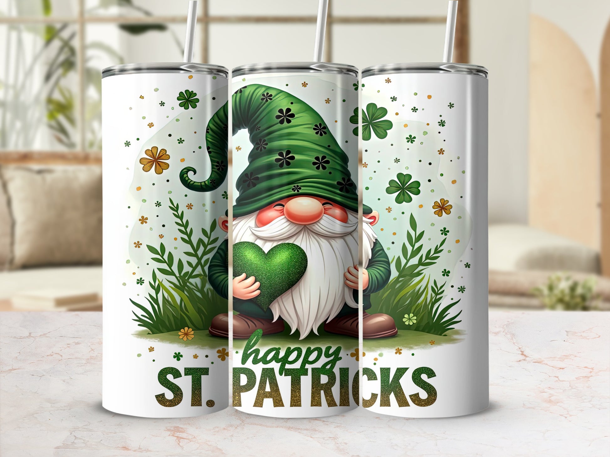 Gnome holding a green heart, text "happy ST. PATRICKS".