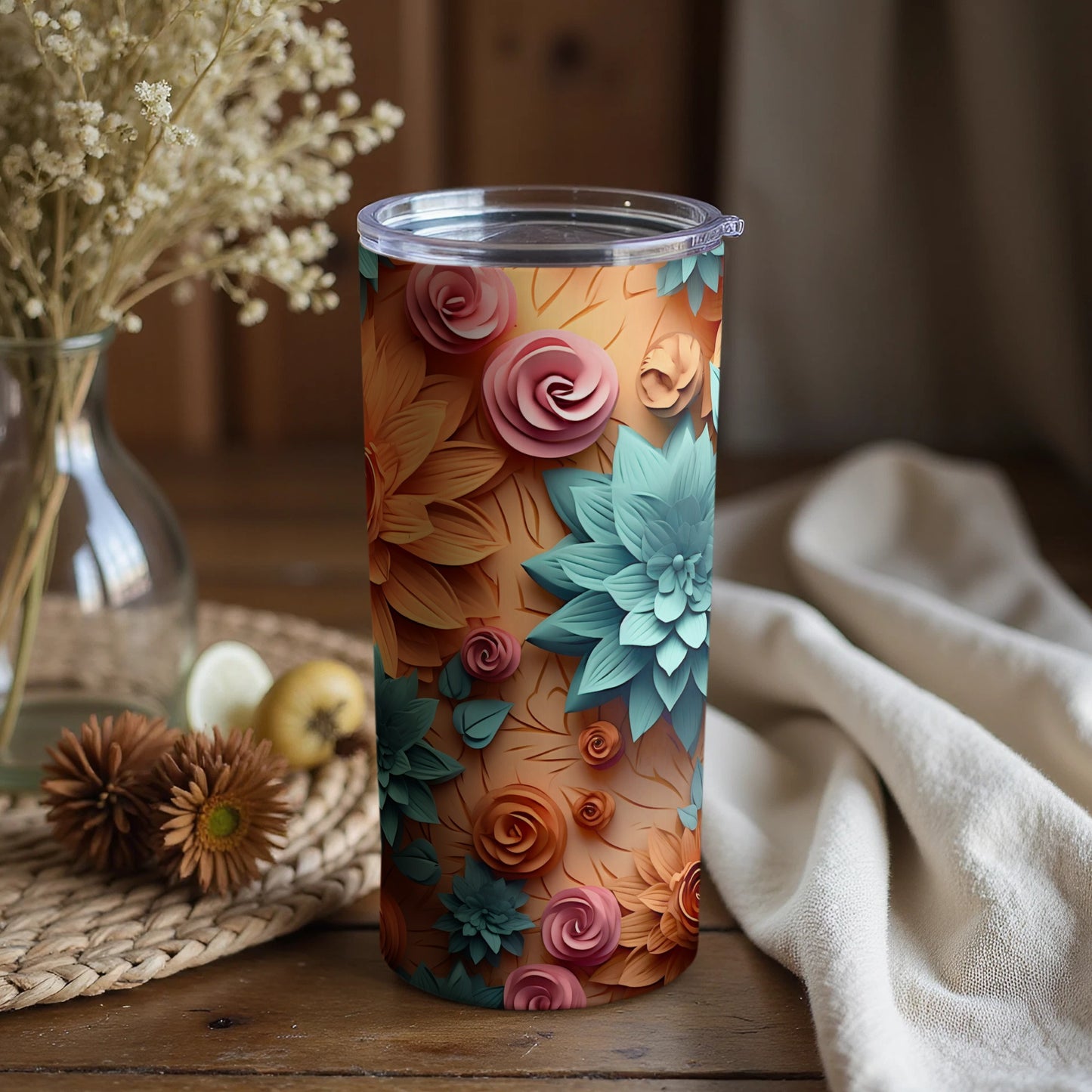 Floral Pattern Colorful Insulated Tumbler with Lid