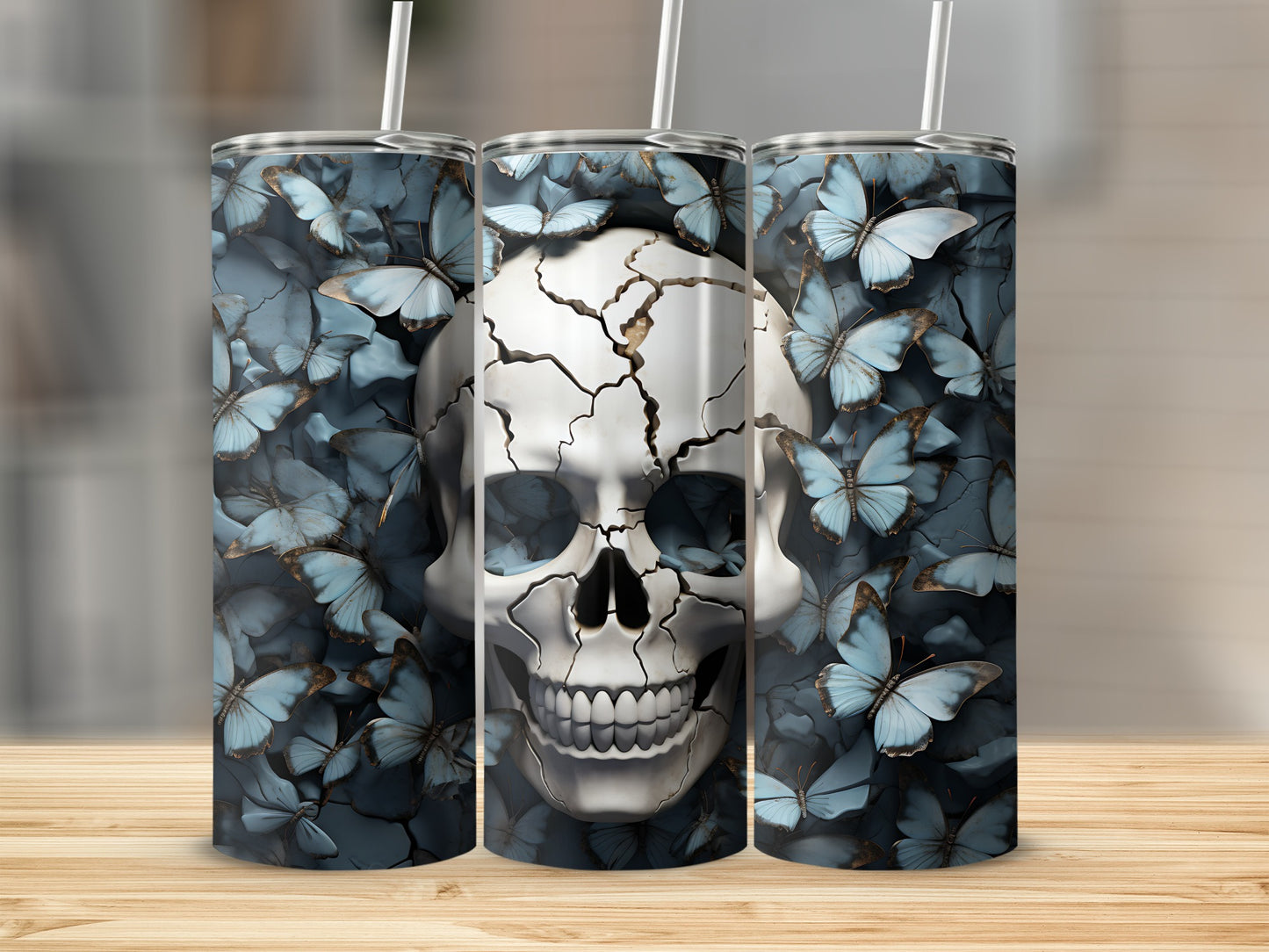 Cracked skull surrounded by light blue butterflies on a tumbler.