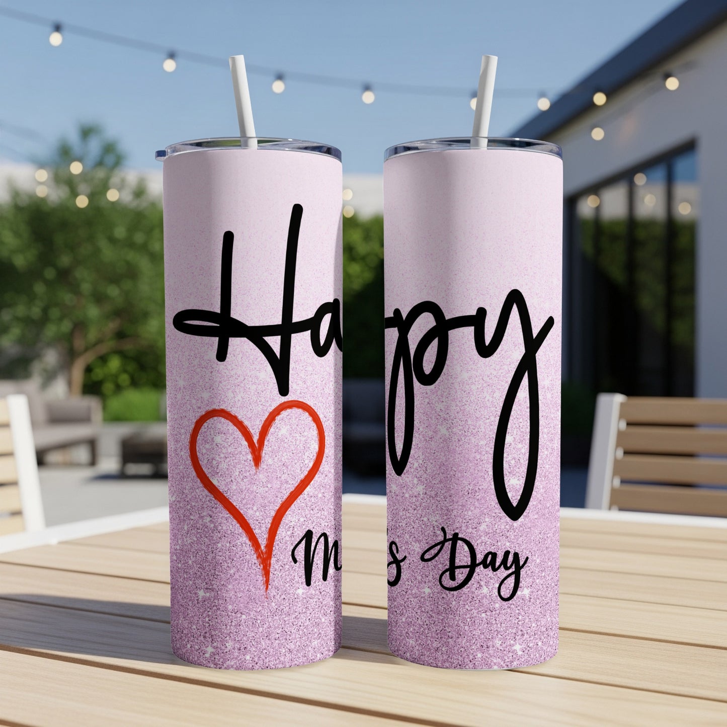 Two pink glitter tumblers with "Happy Mom's Day" and a red heart.