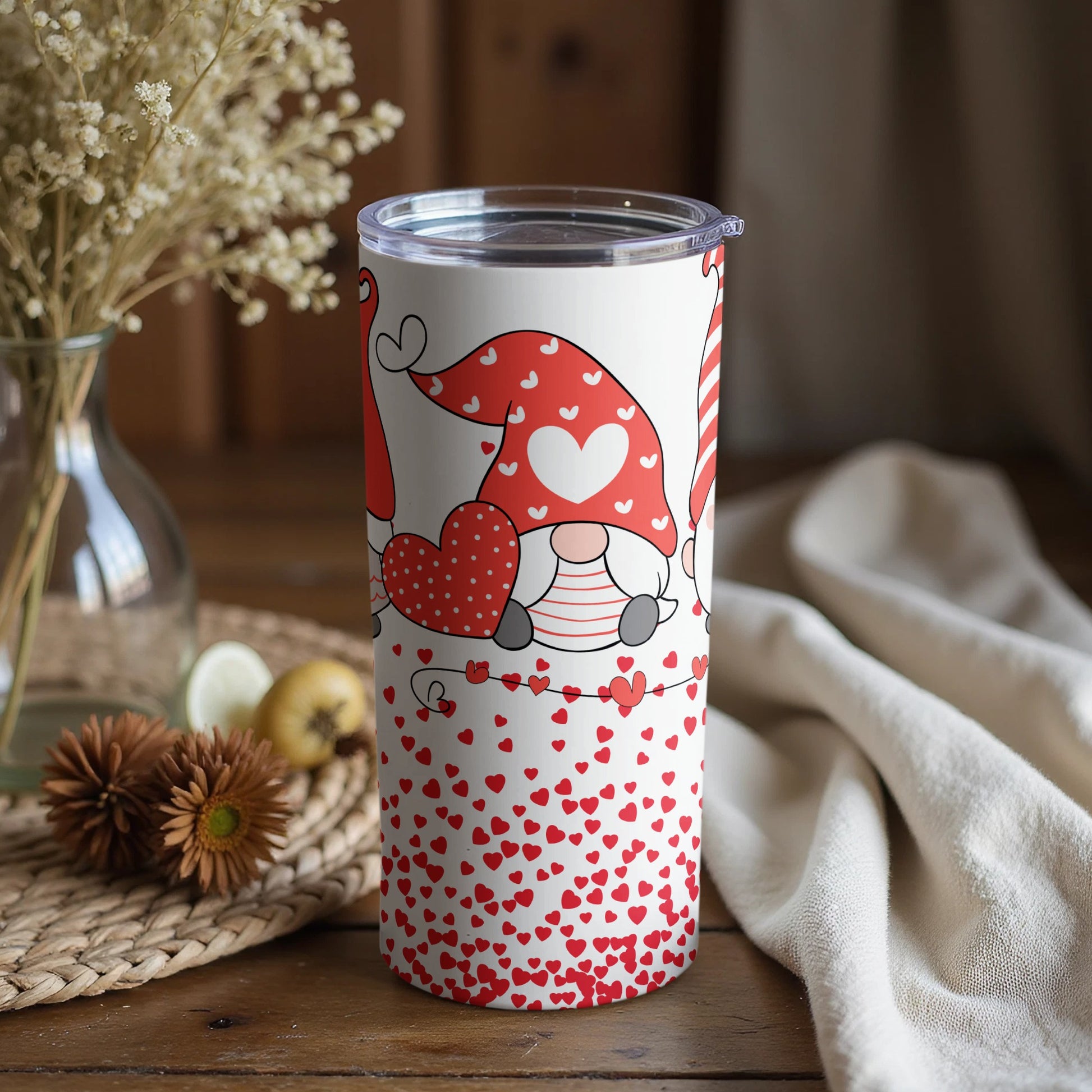 Cute Valentines Gnome Heart Design Travel Tumbler