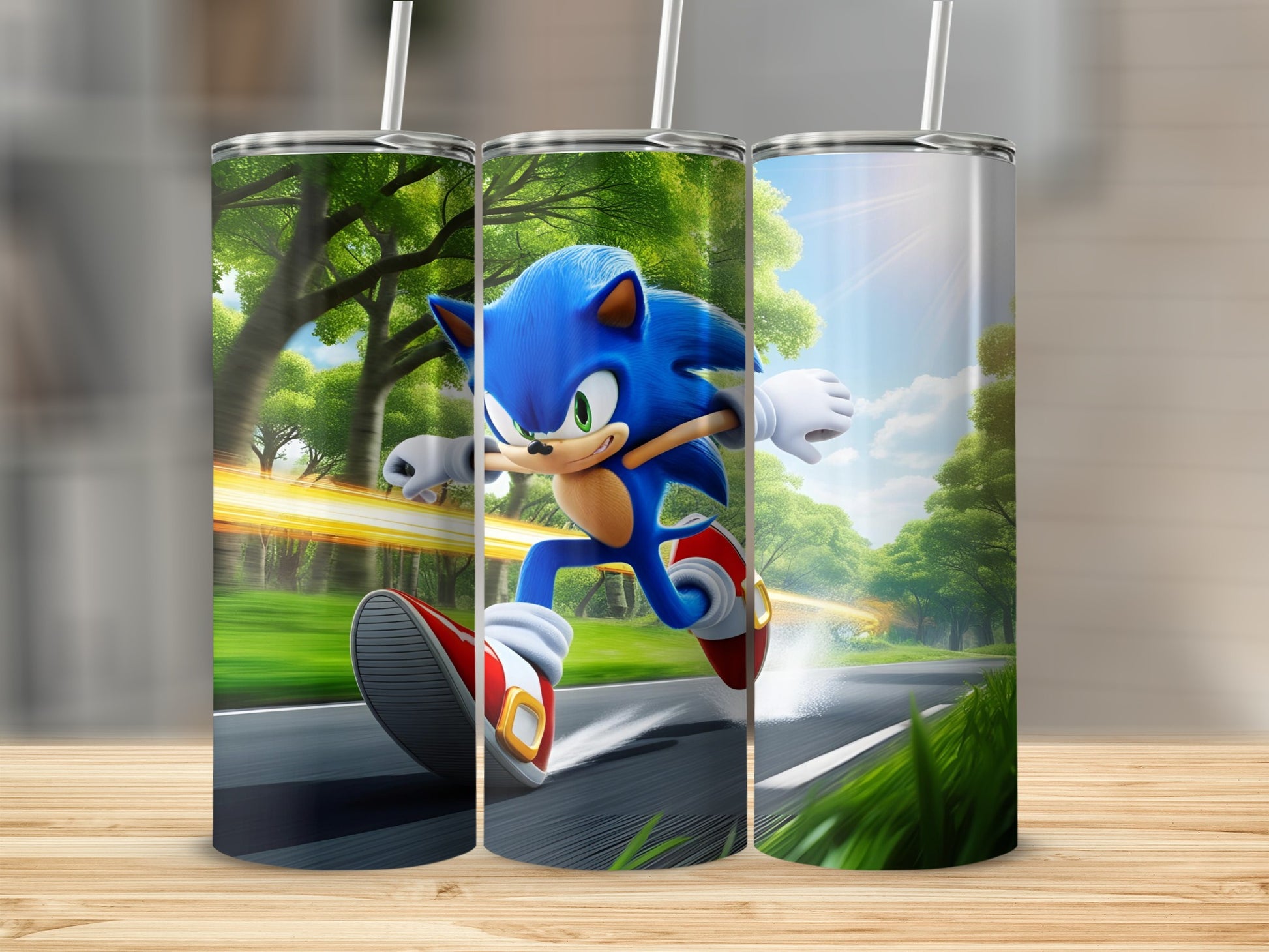 Sonic the Hedgehog running at high speed through a blurred green landscape.