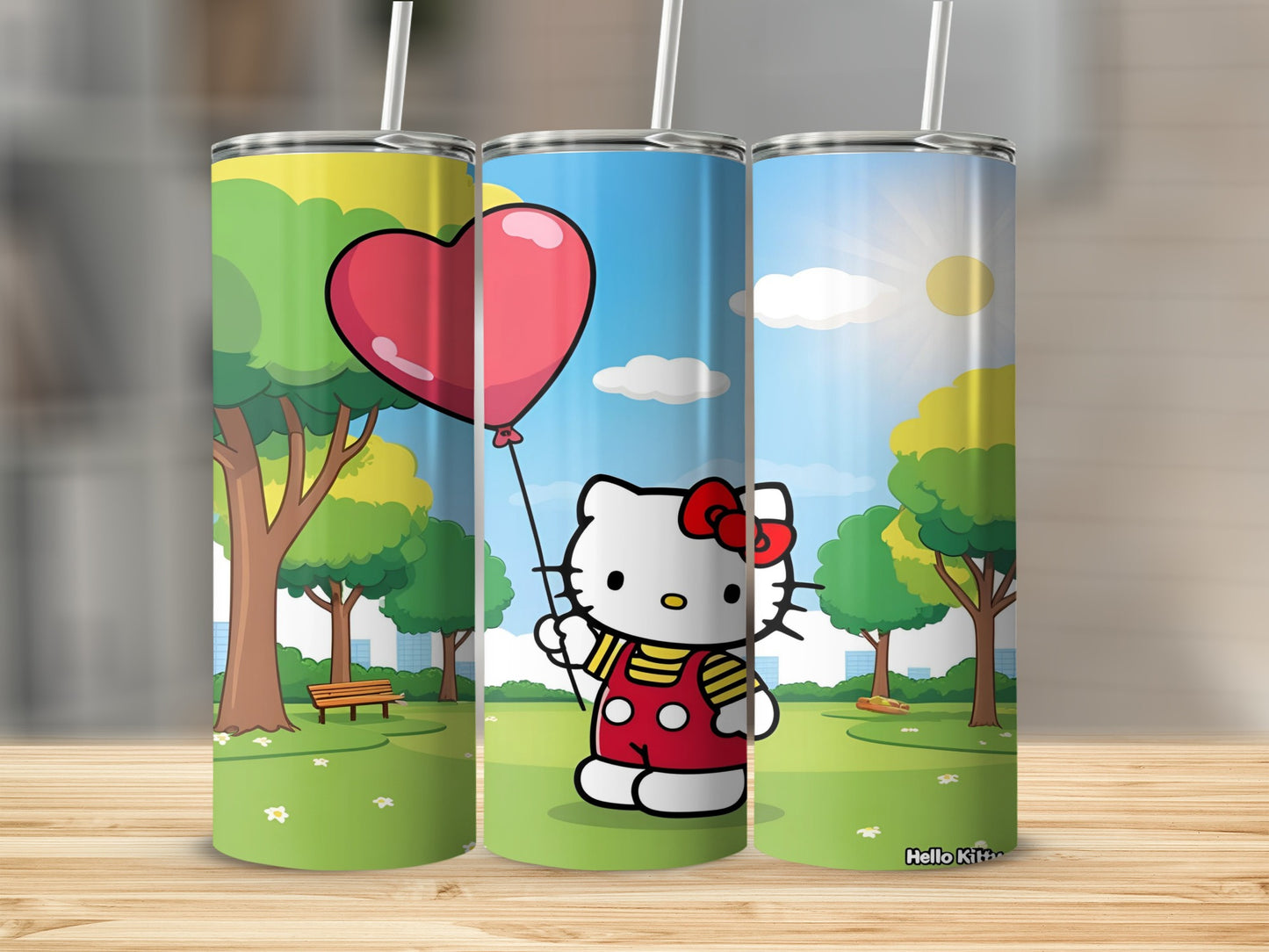 Hello Kitty character in red overalls holding a red heart balloon in a park.