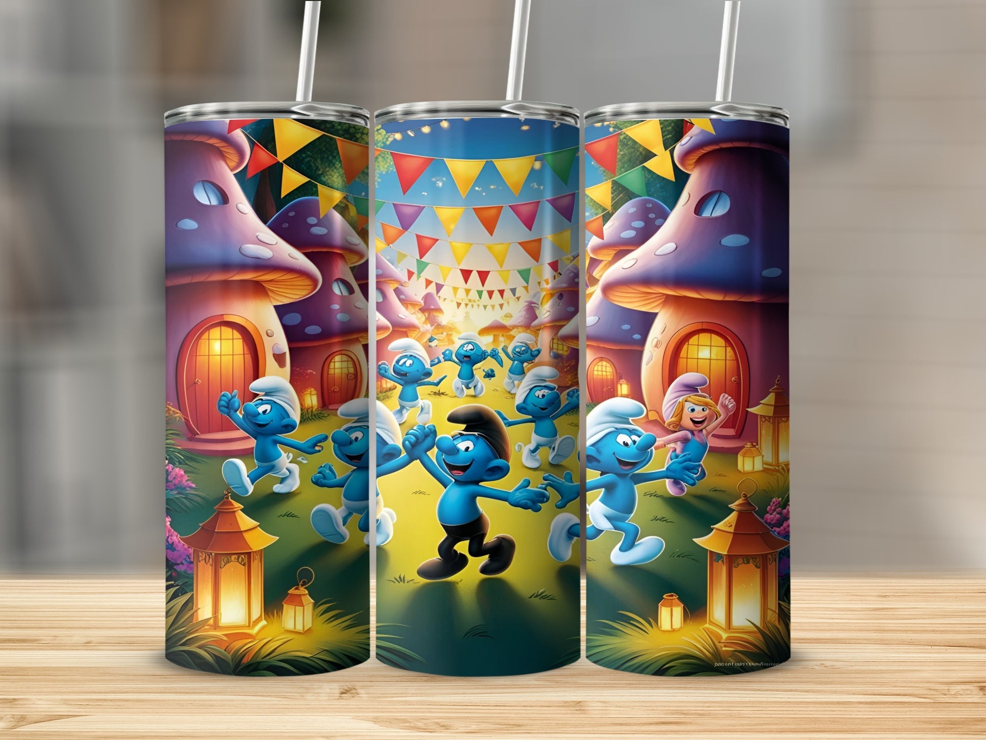 Smurfs dancing in front of mushroom houses with colorful bunting.