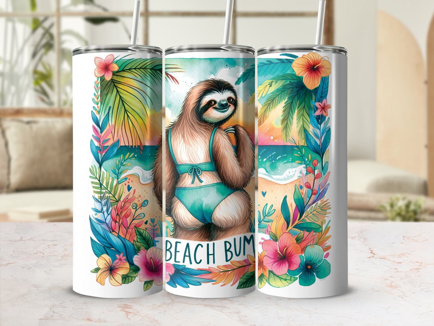 Sloth in bikini on beach with "Beach Bum" text, surrounded by tropical foliage.