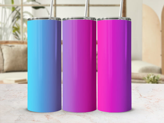 Three colorful tumblers with straws, blue, purple, and pink gradients.