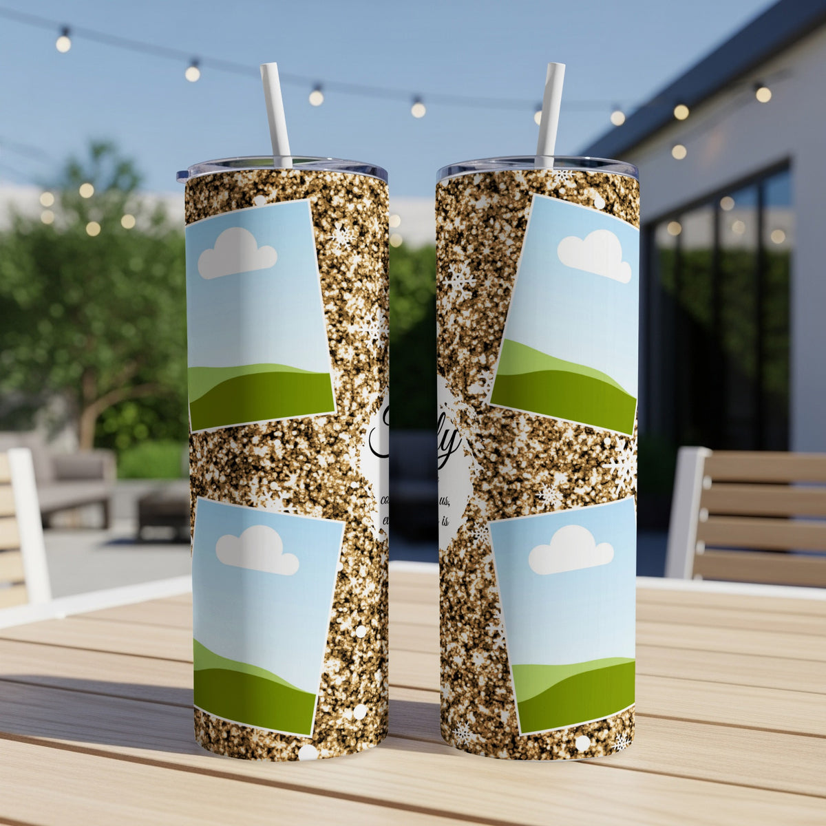 Two tumblers with gold glitter design, landscape photos, and text.