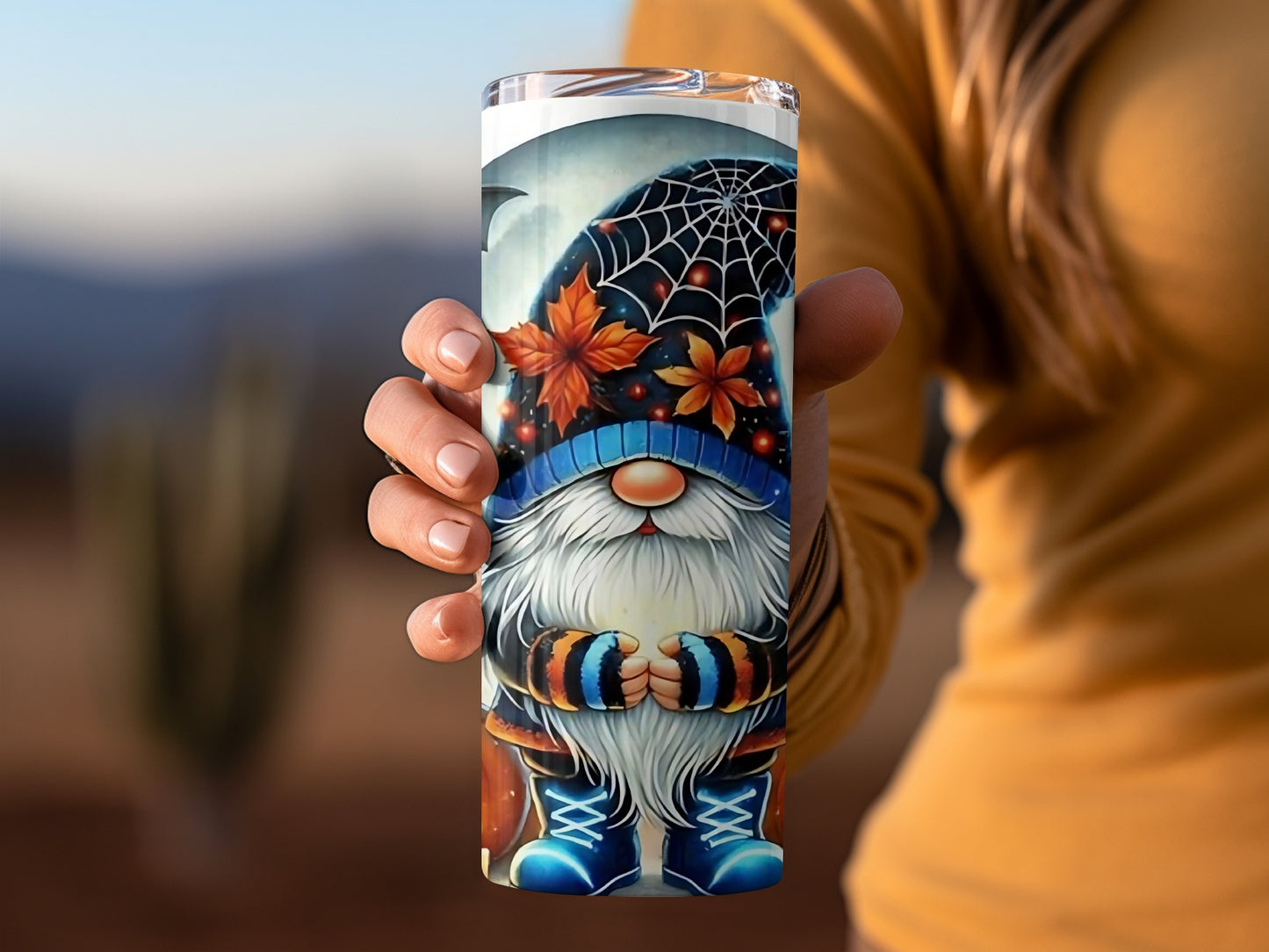 Autumn Gnome Tumbler with Spider Web and Leaves Design