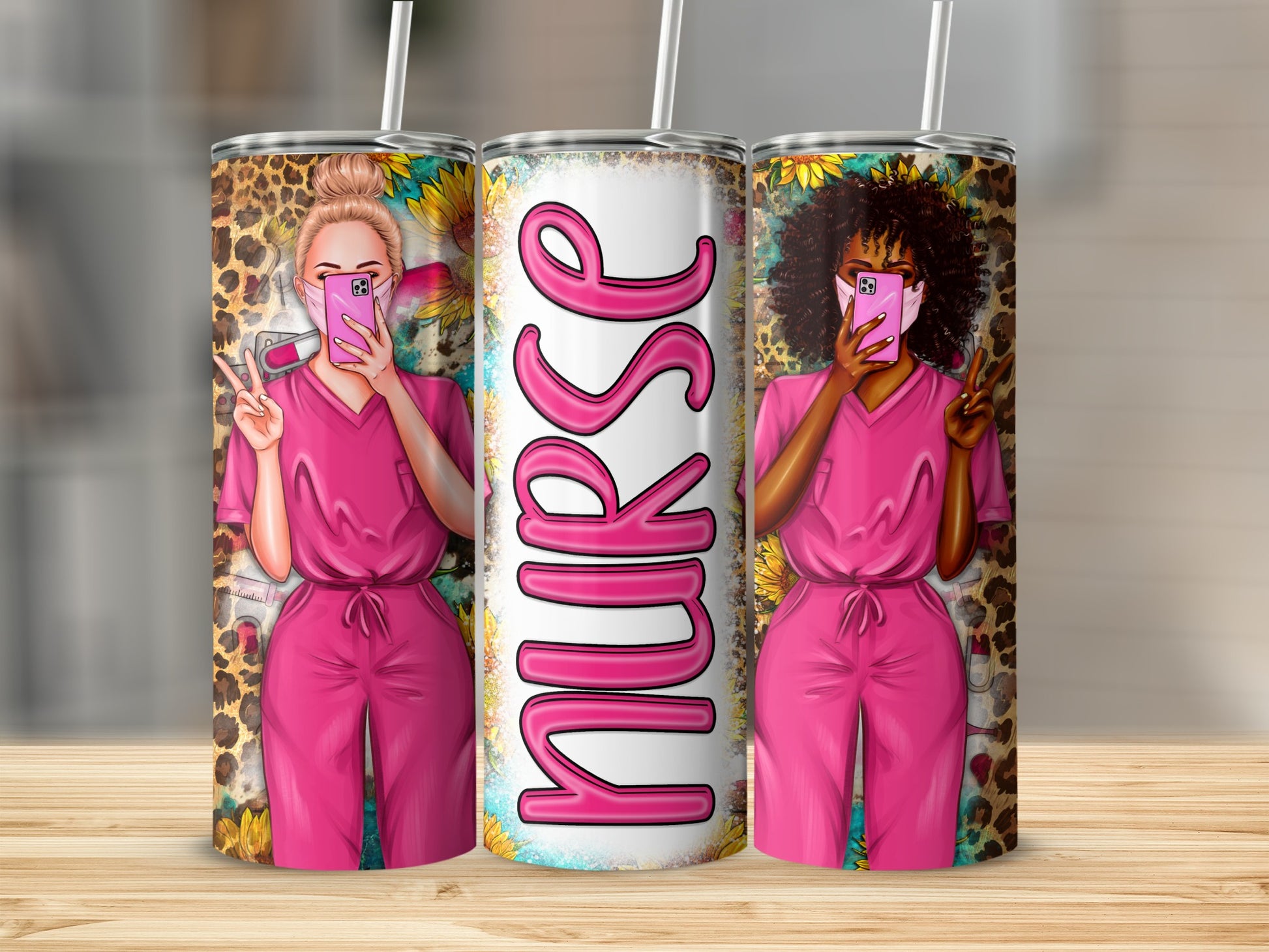 Three nurses in pink scrubs holding peace signs and wearing masks.