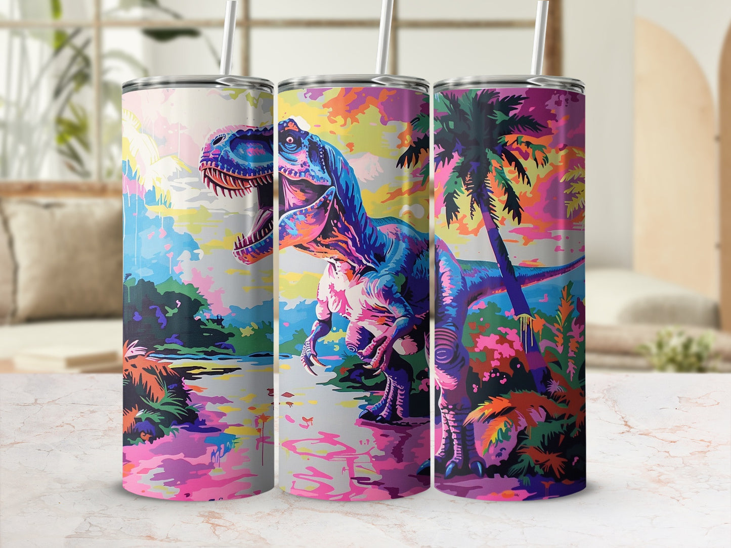 Vivid T Rex Tropical Jungle Art Graphic product type
Dinosaur, TRex, Tyrannosaurus, Jungle, Tropical, Vibrant, Colorful, PopArt, Abstract, Nature, Wild, Artistic, Graphic, Psychedelic, Neon, Jurassic, Prehistoric, Tumbler, Drinkware, DinoArt