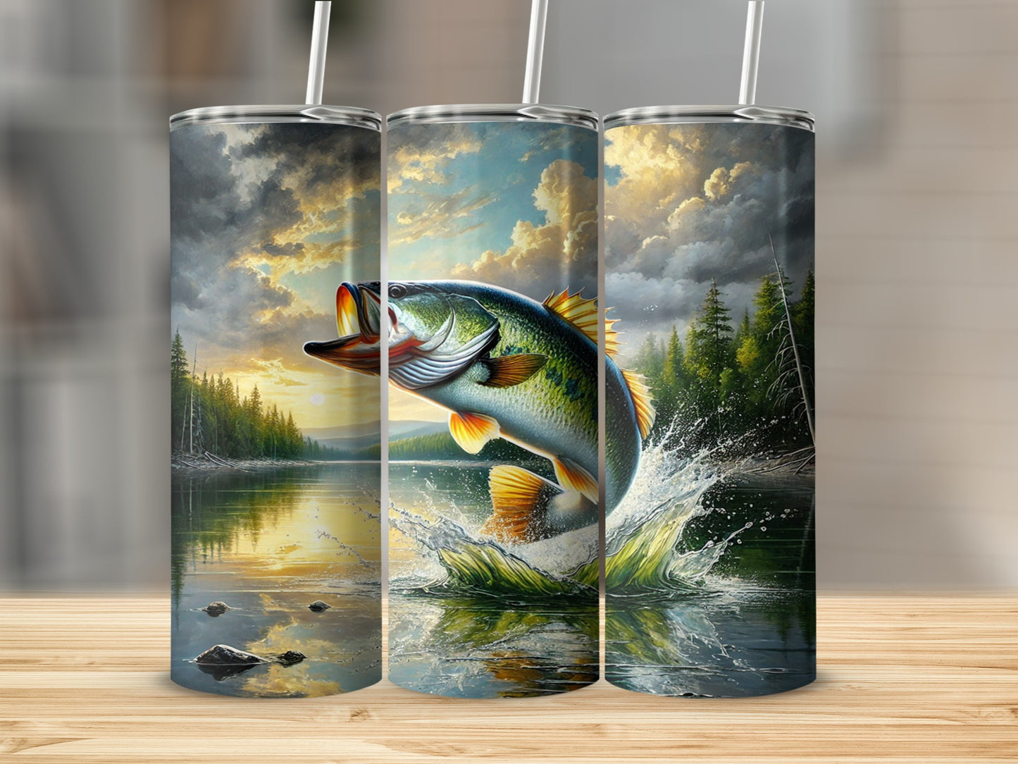 Beautiful Lake and Jumping Bass Design Tumbler Product