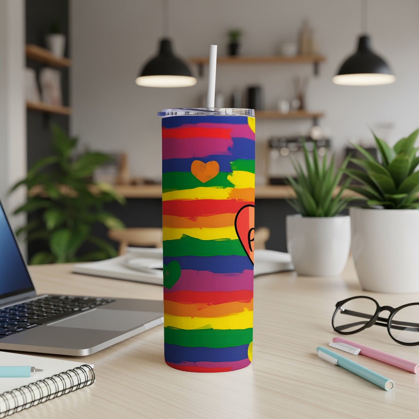 Rainbow pride tumbler with heart designs and a white straw on a desk.
