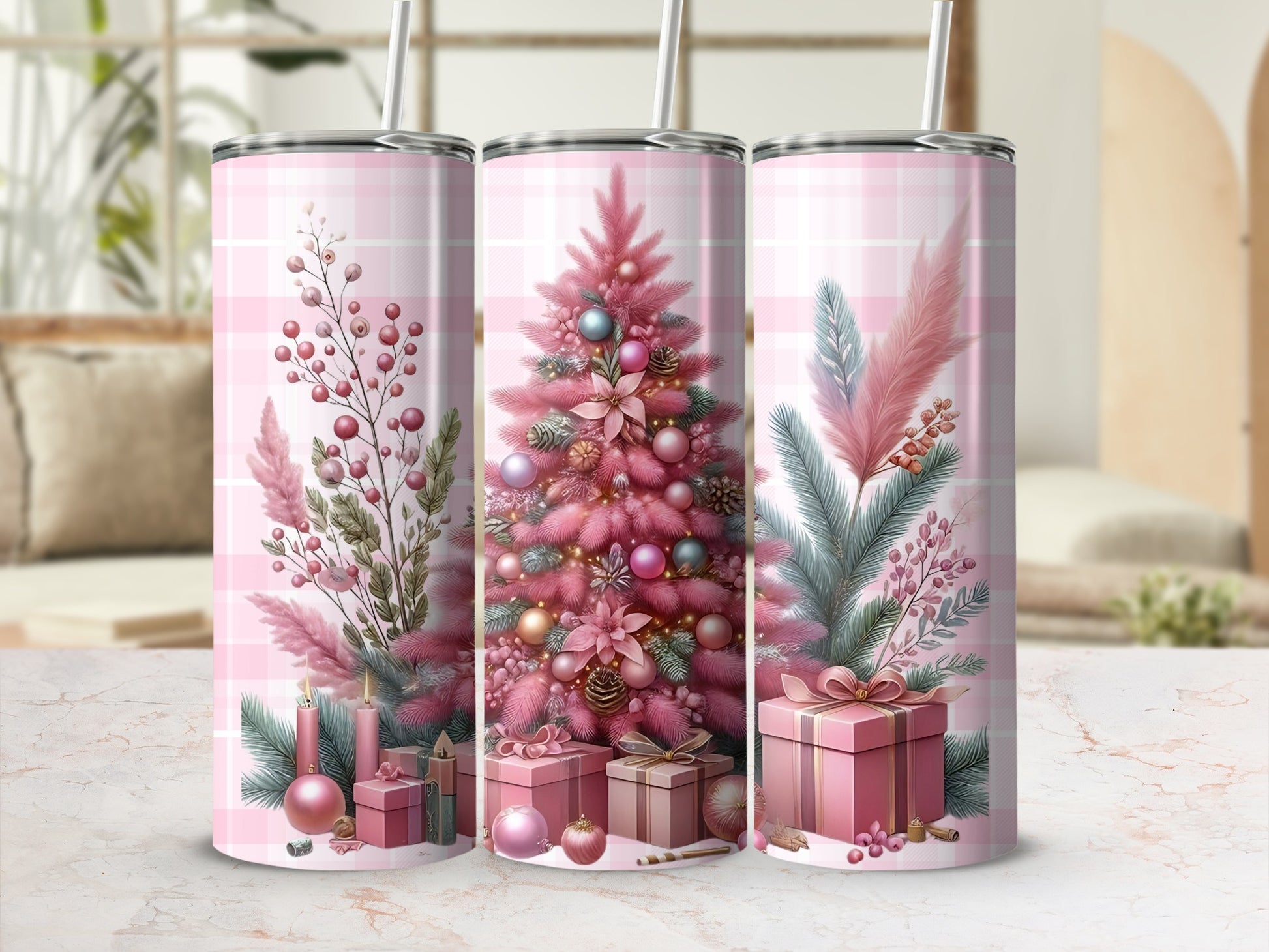 Pink and Festive Holiday Tumblers with Christmas Designs