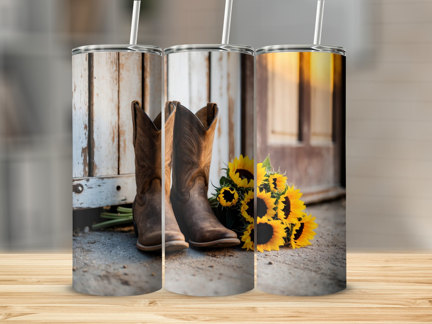 Three rustic cowboy boots and sunflowers against a weathered wooden backdrop.