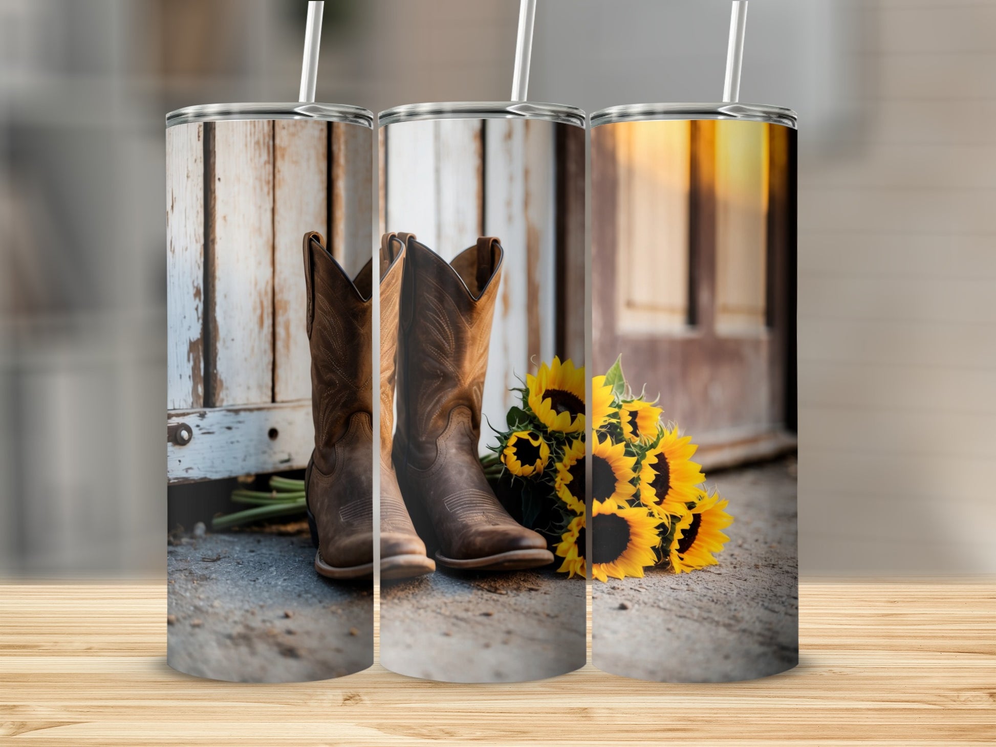 Three rustic cowboy boots and sunflowers against a weathered wooden backdrop.