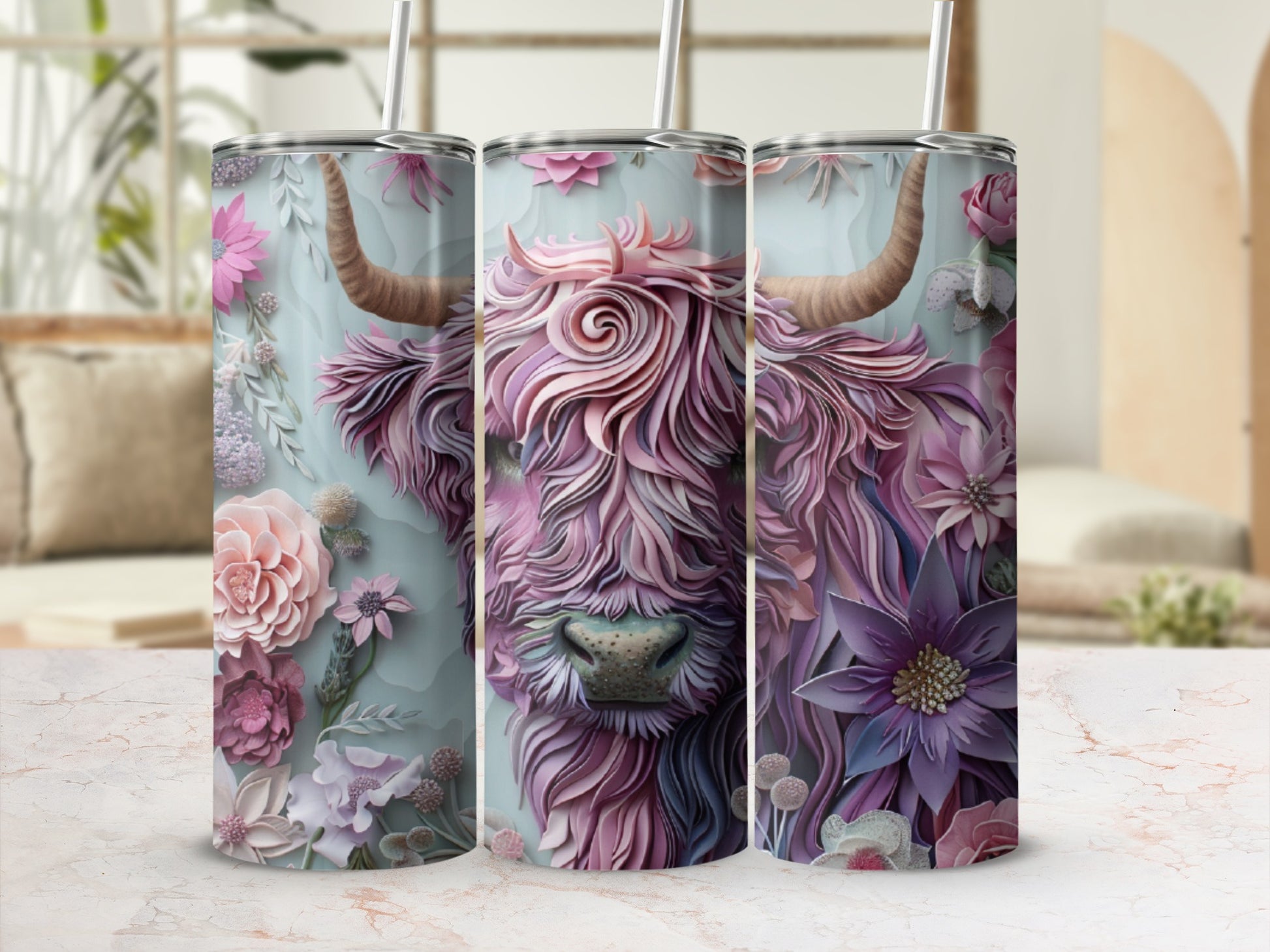 Pink highland cow with floral accents on a tumbler.