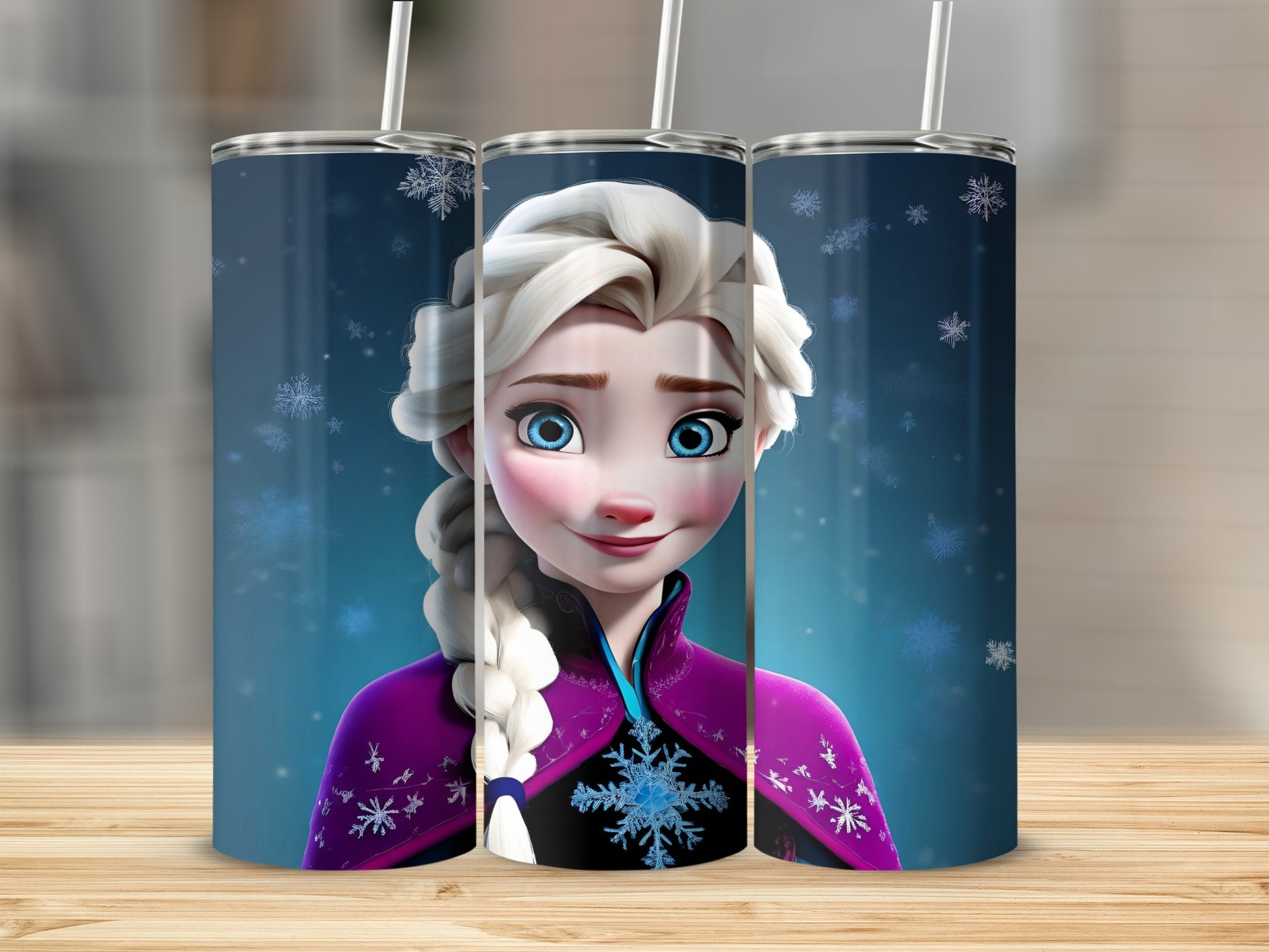Elsa from Frozen on a tumbler with snowflakes.
