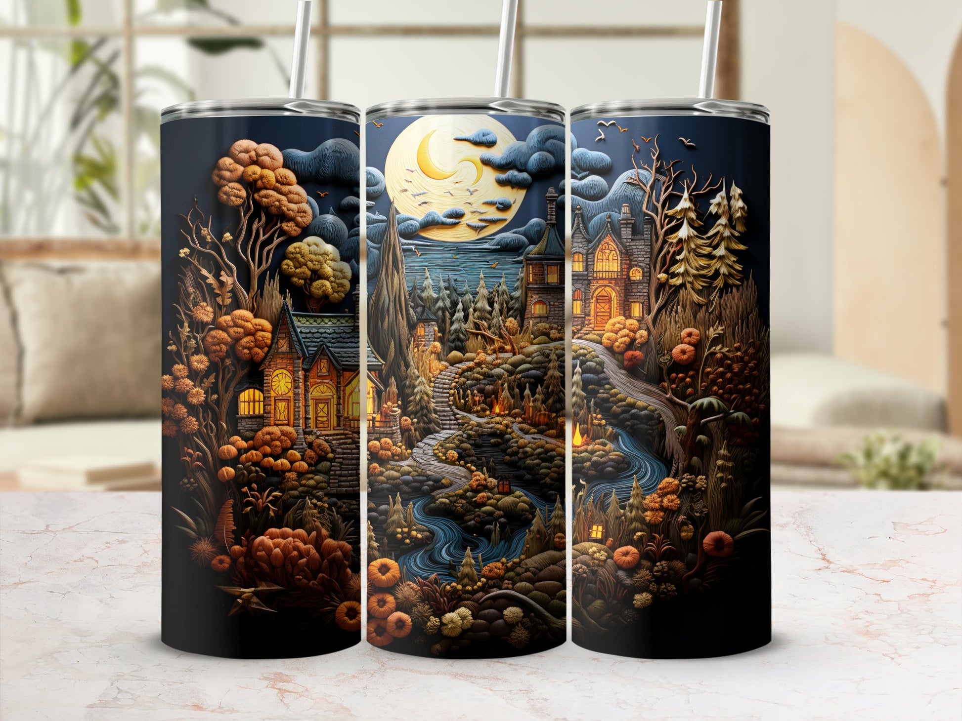 Tall tumblers feature a dark, gothic Halloween scene with haunted houses and pumpkins.