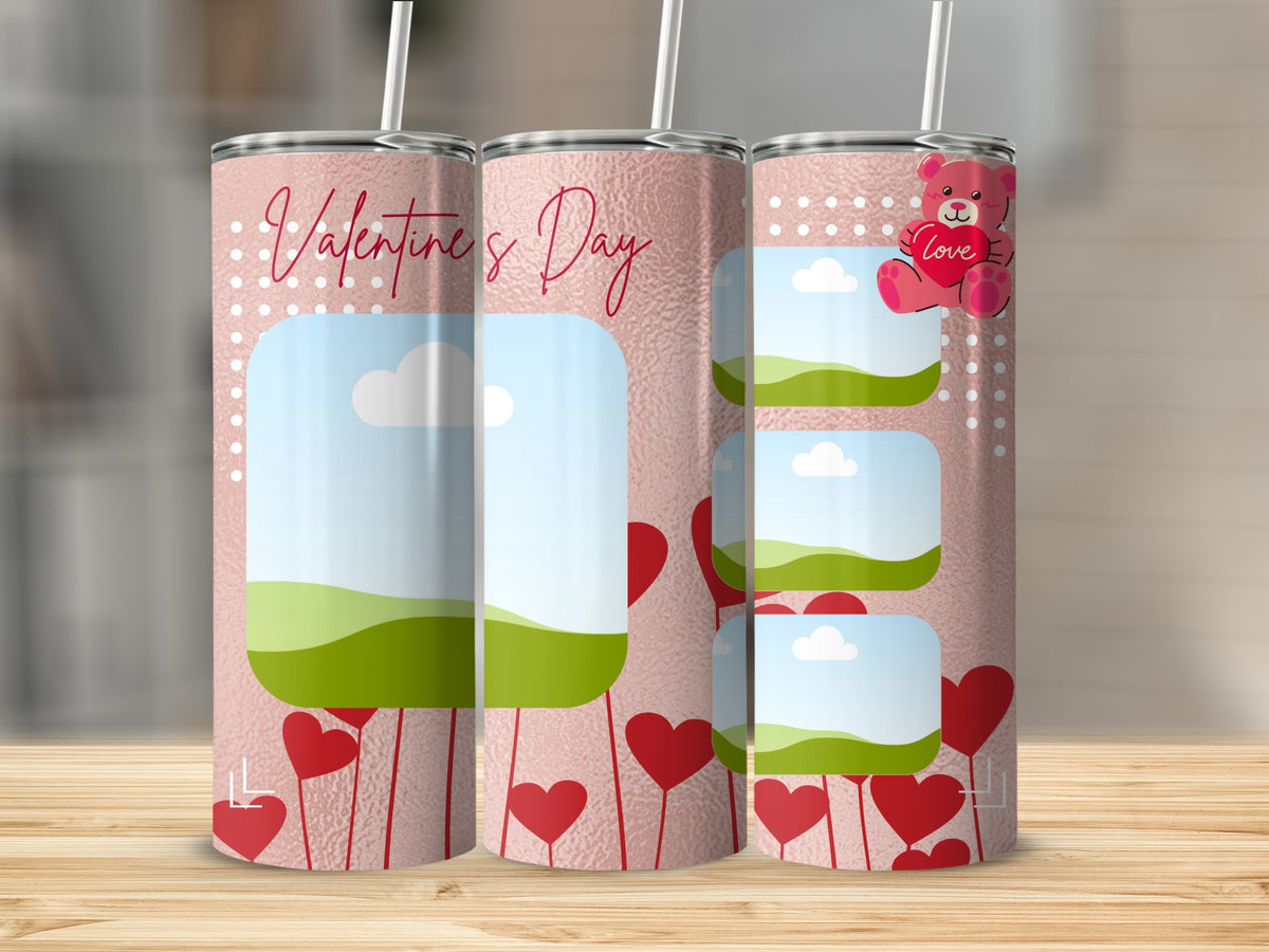 Valentine's Day tumbler with pink hearts, white polka dots, and space for photos.