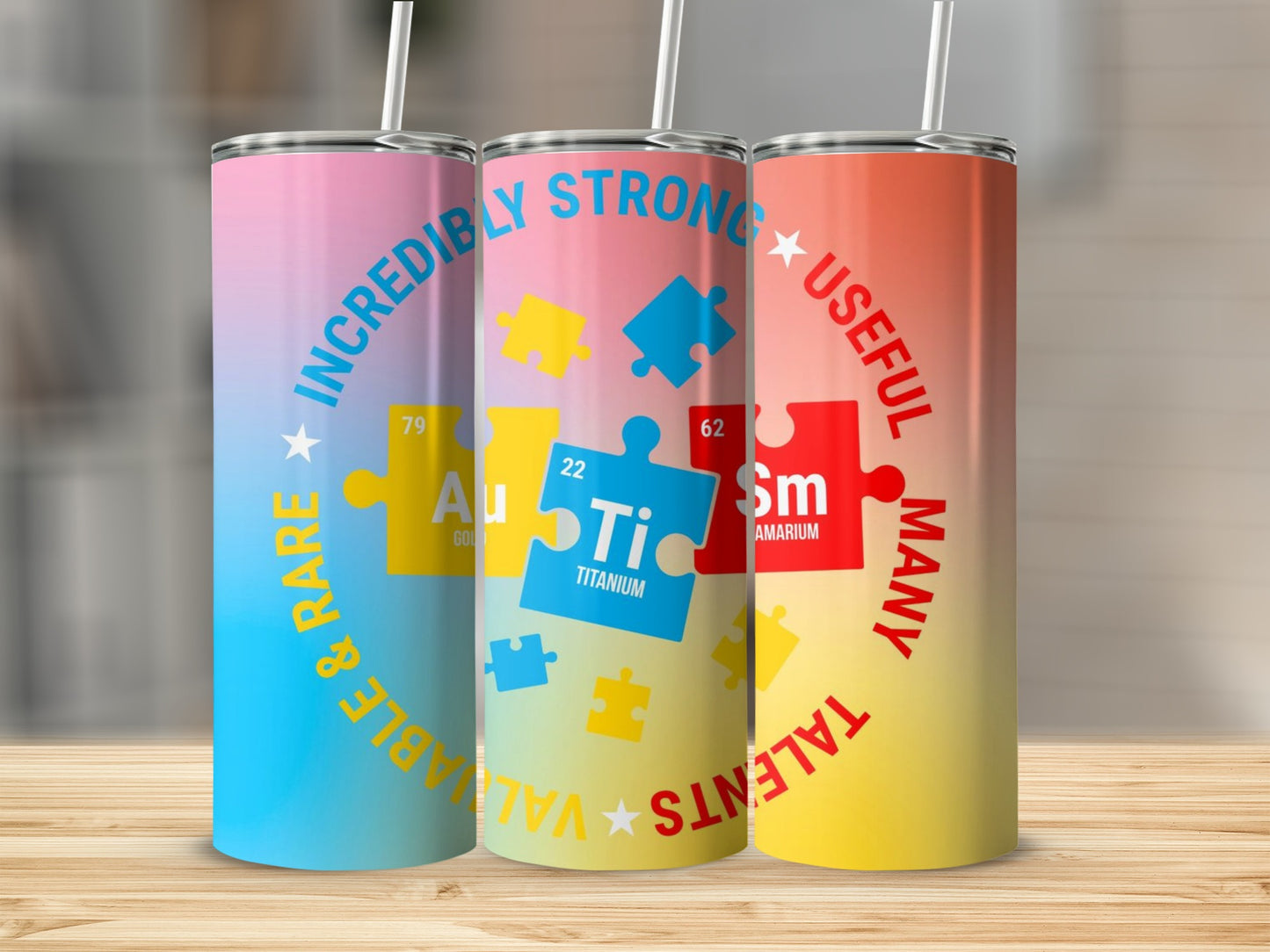 Colorful Puzzle Themed Tumblers with Unique Element Designs