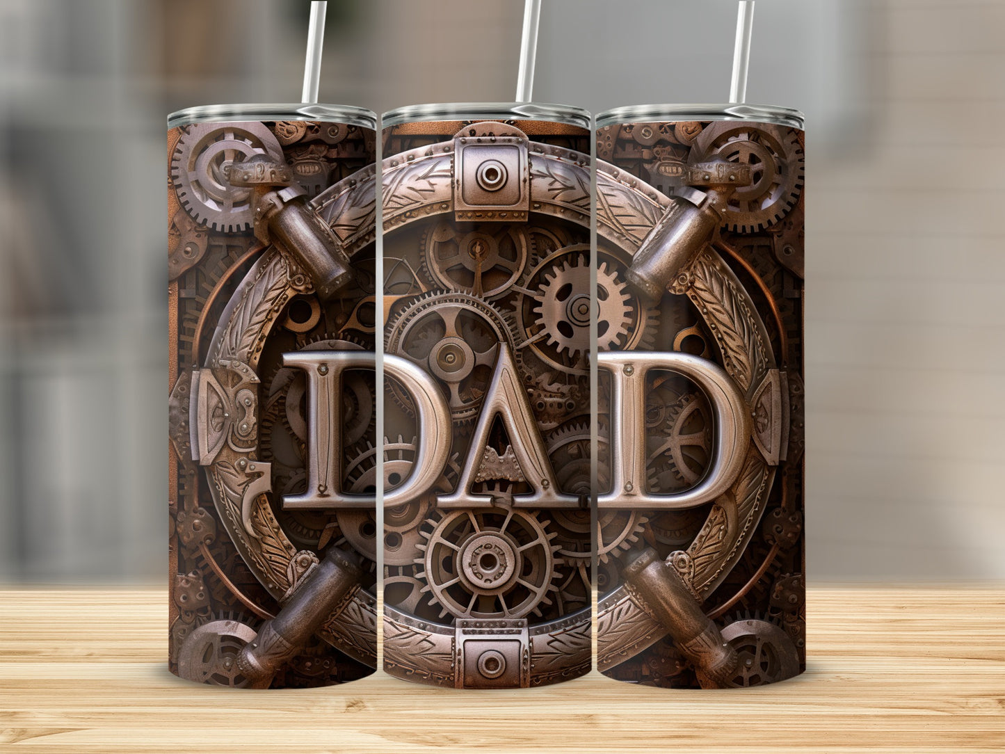 Steampunk tumbler with DAD text and intricate gear design.
