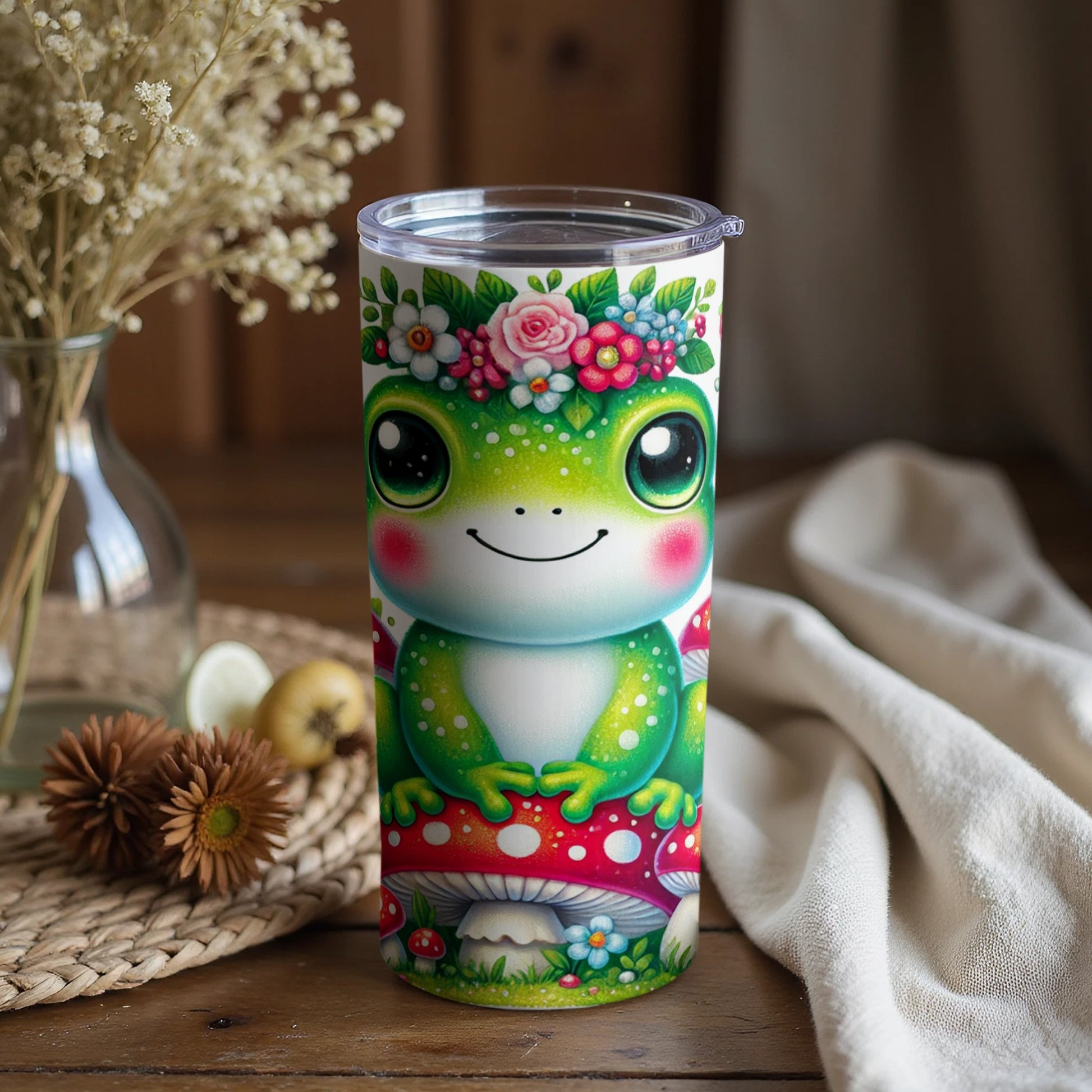 Cute Green Frog with Flower Crown Tumbler Cup