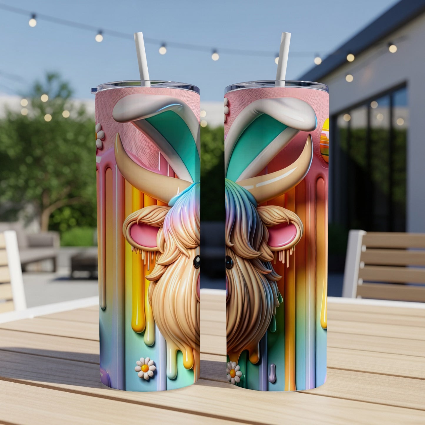 Highland cow with bunny ears and rainbow drips on a tumbler.