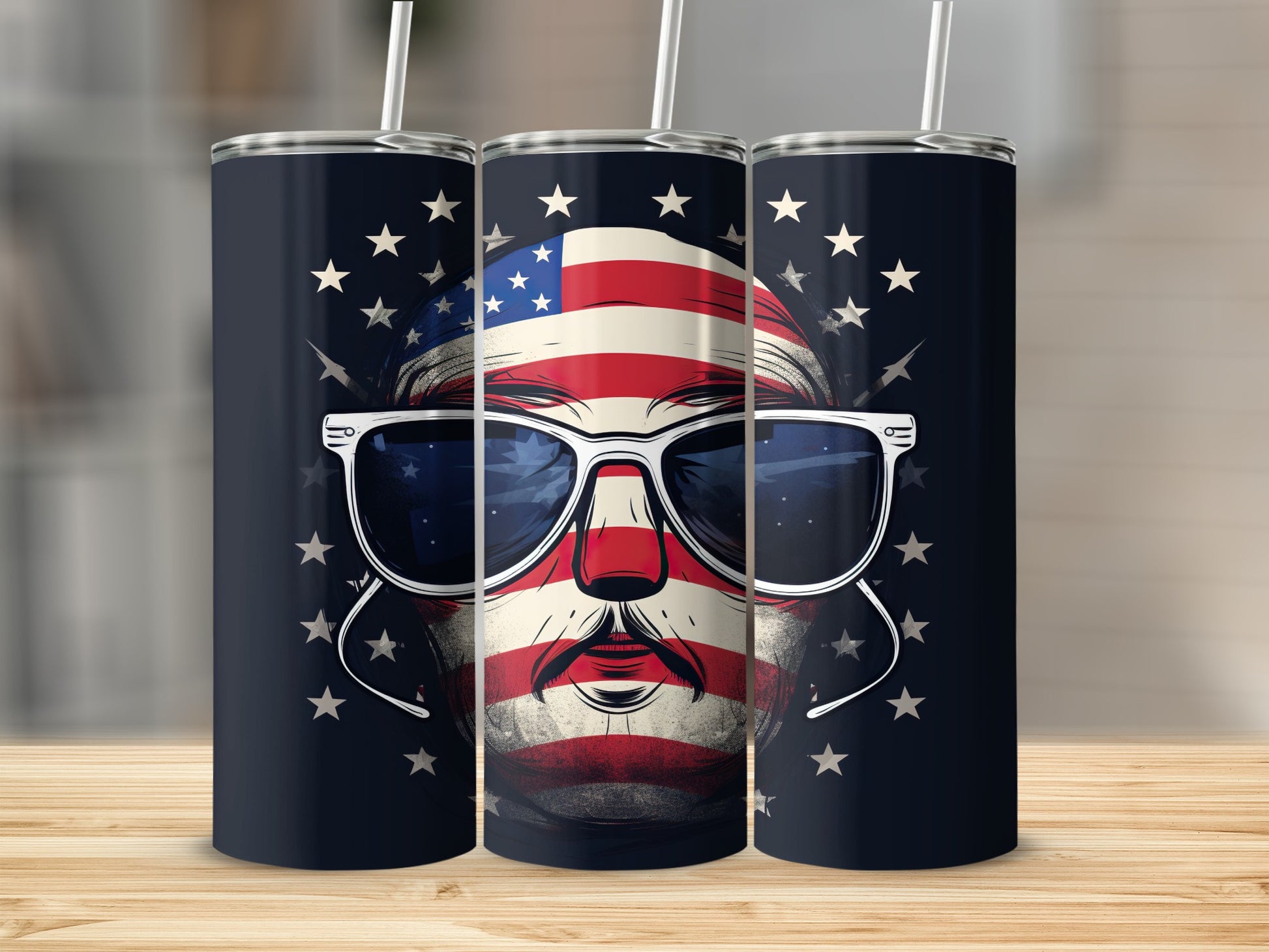 American flag skull with sunglasses and stars on a dark background.