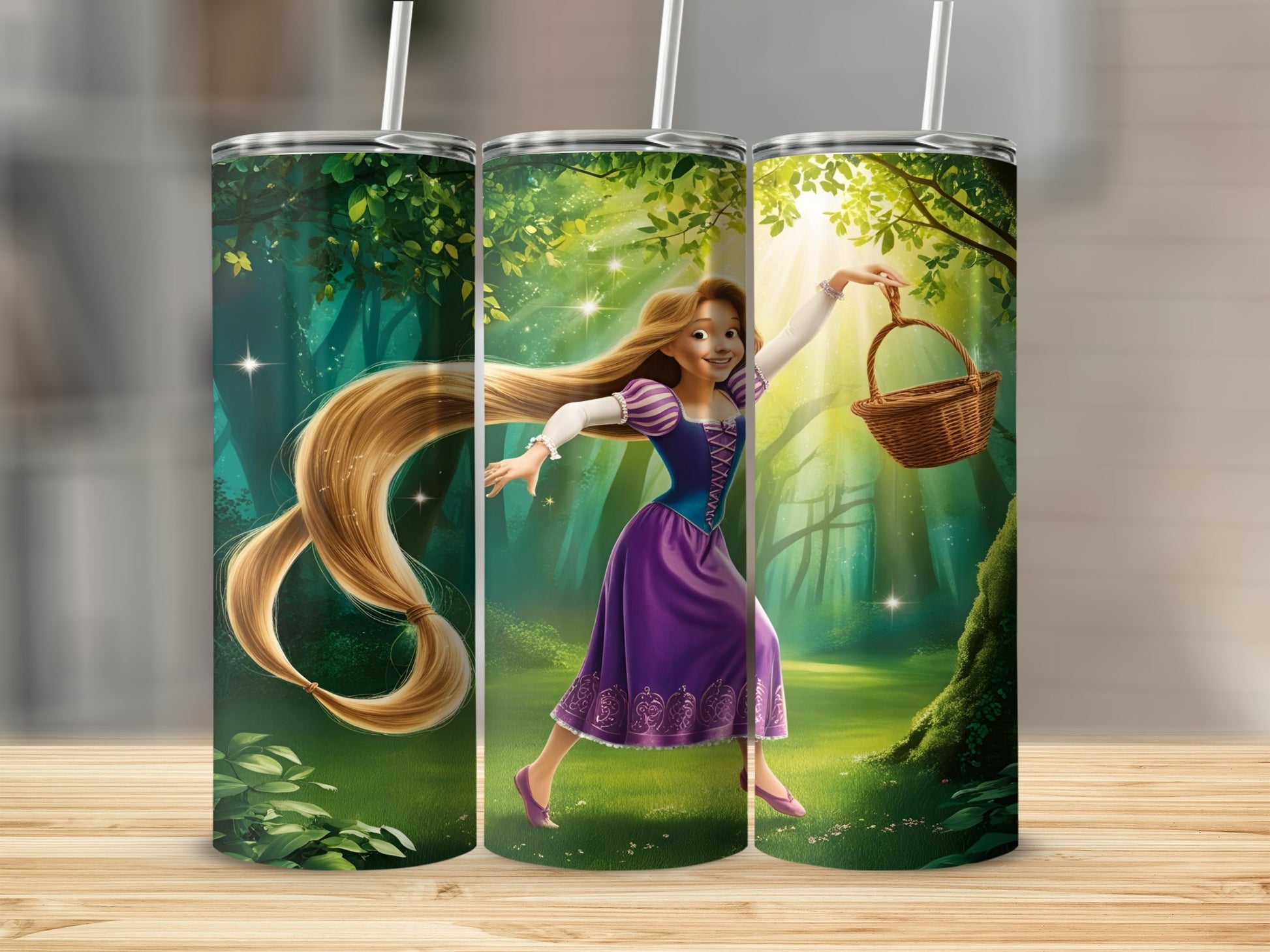 Rapunzel in purple dress, holding basket, long blonde hair, in forest.
